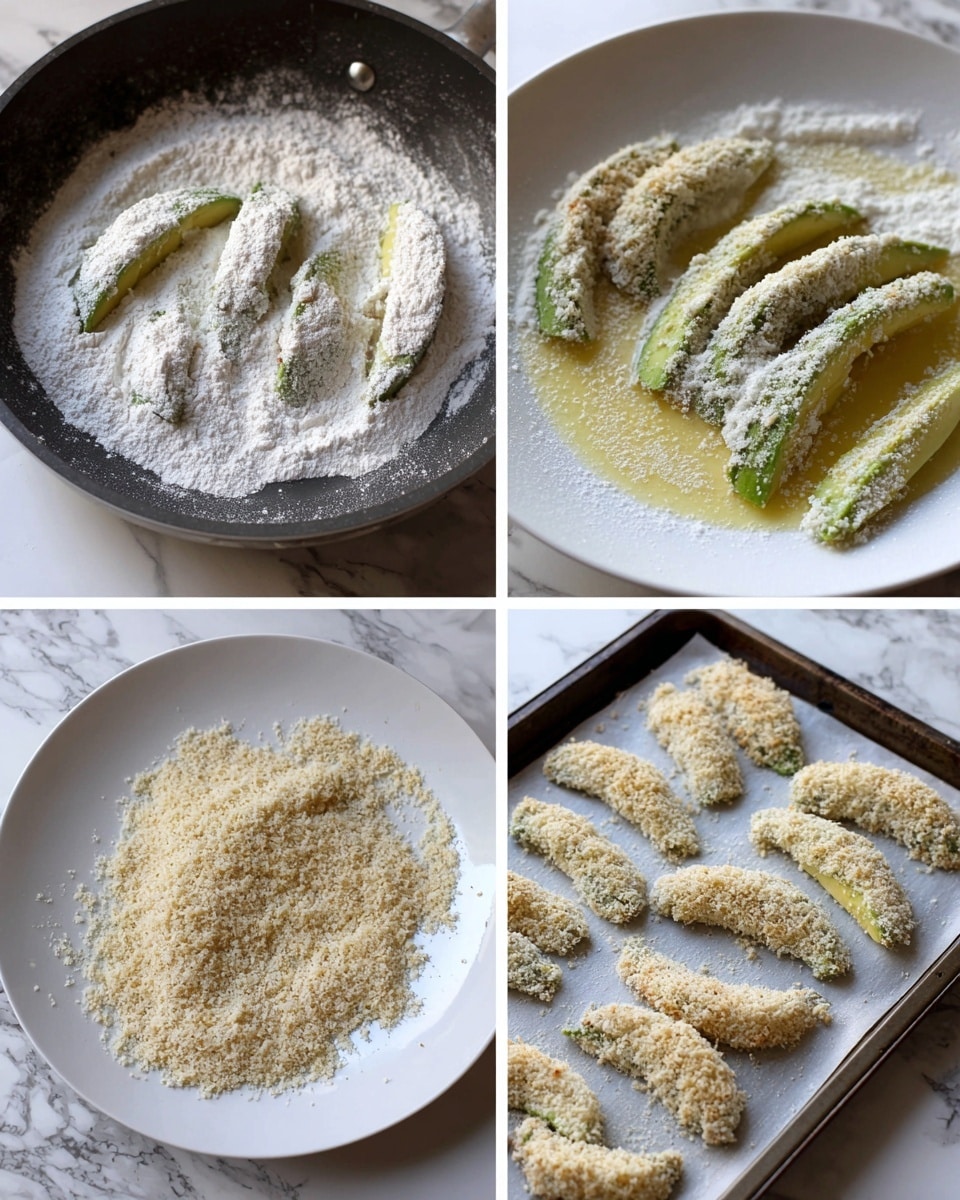 A red rectangular plate holds about ten crispy avocado fries arranged closely in two rows, each piece showing a golden brown, crunchy outer layer with some green avocado visible inside. On the right side of the plate sits a small round white bowl filled with creamy light pink dipping sauce. The background features dark wooden textures with whole dark green avocados and a half avocado with bright green inside placed behind the plate. The setup is simple and warm. photo taken with an iphone --ar 4:5 --v 7