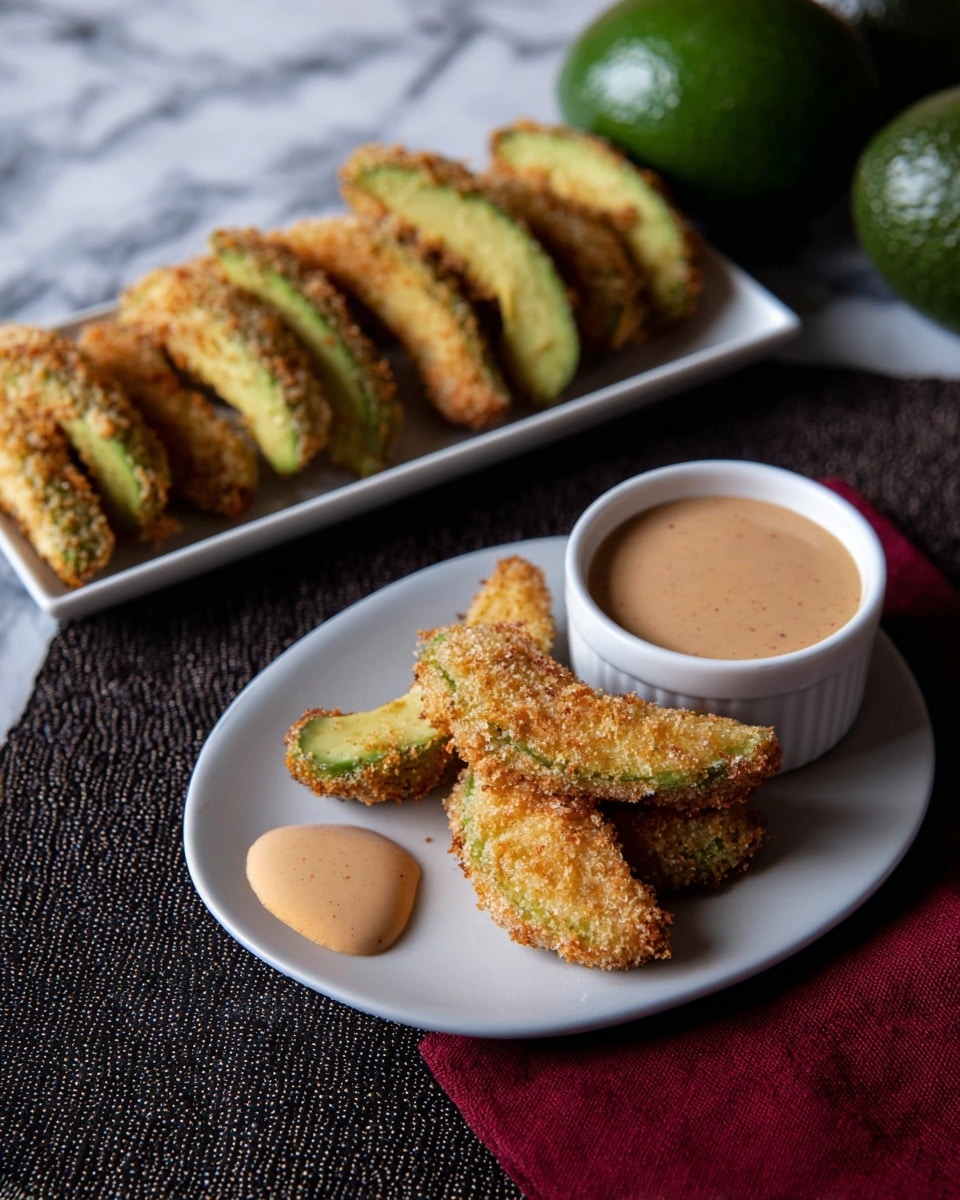 A white plate holds three golden-brown fried avocado slices arranged in a small cluster on the right side. A smooth, light brown dipping sauce is spread under the avocado slices on the left side of the plate, spreading slightly outward. Behind it is a white rectangular plate filled with more fried avocado slices lined up in a row, with a small white bowl of the same light brown sauce placed near the right edge of the plate. The background shows whole avocados and a white marbled surface beneath the plates, with a dark textured cloth partially visible under the white plate. Photo taken with an iphone --ar 4:5 --v 7