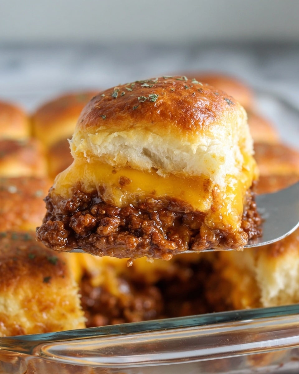 A close-up view of six soft sandwich sliders in a clear glass baking dish set on a white marbled surface. Each slider has a golden brown, slightly shiny top bun sprinkled with coarse salt and herbs. The bun tops sit on a layer of melted yellow cheese, beneath which is a thick layer of rich, dark brown cooked ground beef mixed with visible bits of red pepper and onions. The sliders are tightly packed together, showing slight melting of cheese and meat juices oozing between the buns. The overall texture is soft and moist with a mix of smooth melted cheese and chunky meat filling. photo taken with an iphone --ar 4:5 --v 7