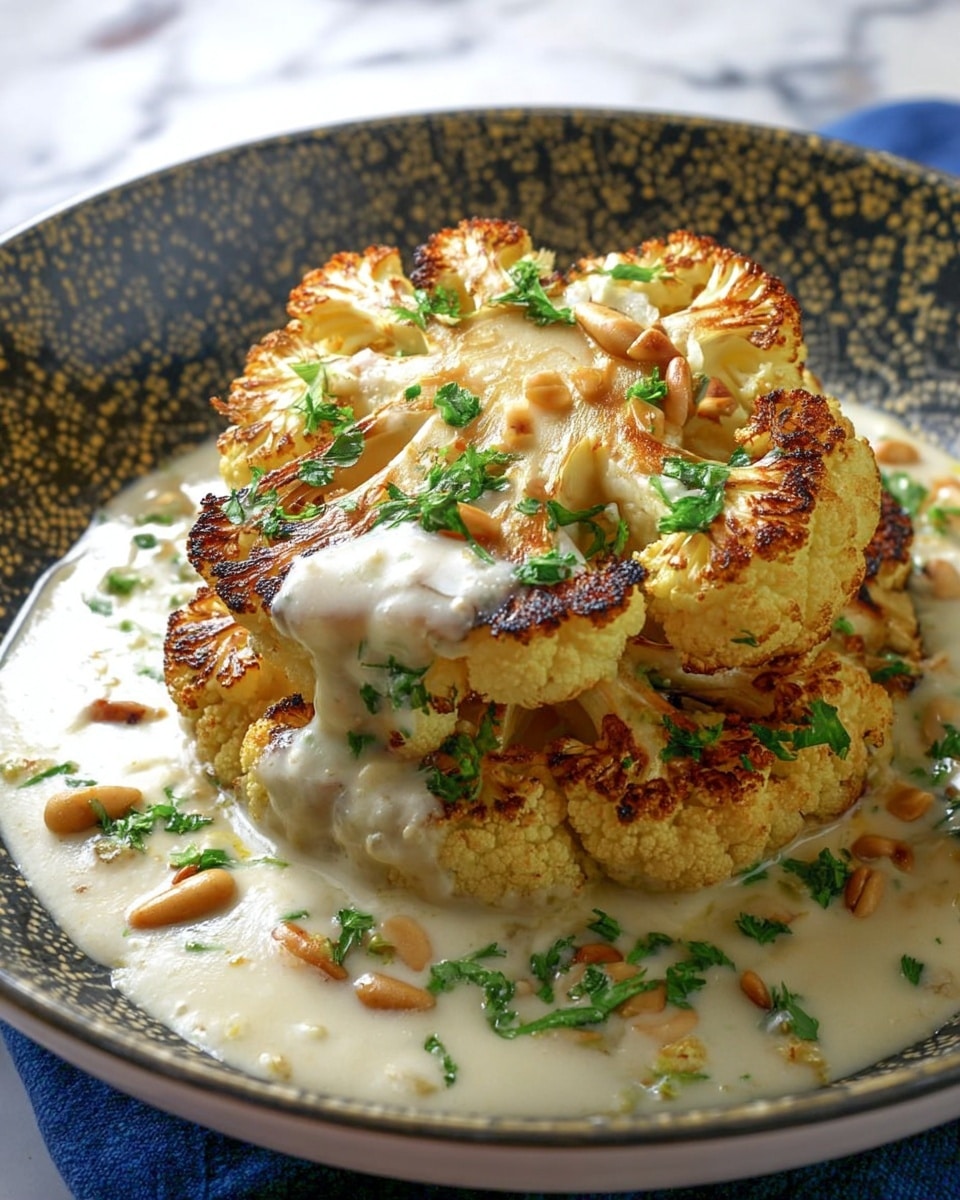 The dish shows two thick slices of golden-brown roasted cauliflower stacked on top of each other in a white bowl with a dark pattern inside. The cauliflower has a slightly crispy texture with some charred edges. It is covered with a creamy white sauce that pools around the base of the cauliflower, spreading evenly inside the bowl. Light brown pine nuts and small green chopped herbs are scattered over the cauliflower and sauce, adding texture and color contrast. The background has a white marbled texture with a faint hint of a blue cloth beneath the bowl. photo taken with an iphone --ar 4:5 --v 7