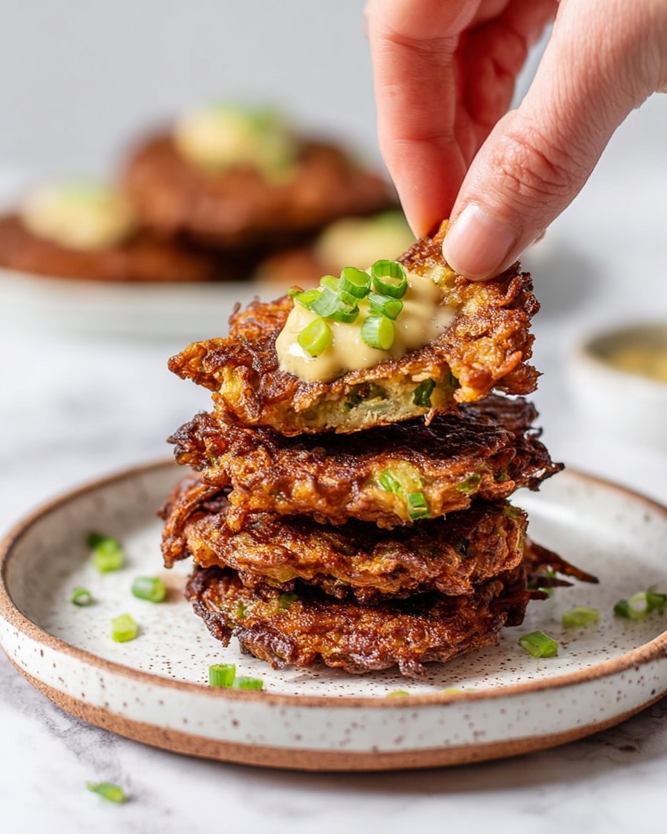 A stack of four brown, crispy fritters with a rough, textured surface sits on a white speckled plate with a thin brown edge, placed on a white marbled surface. Each fritter has small pieces of green onion visible within the crispy edges, and the top three fritters each have a dollop of pale yellow sauce with chopped green onions on top. A woman's hand is lifting the top fritter from the stack. In the background, out of focus, more fritters and a white dish with sauce can be seen. Photo taken with an iphone --ar 4:5 --v 7