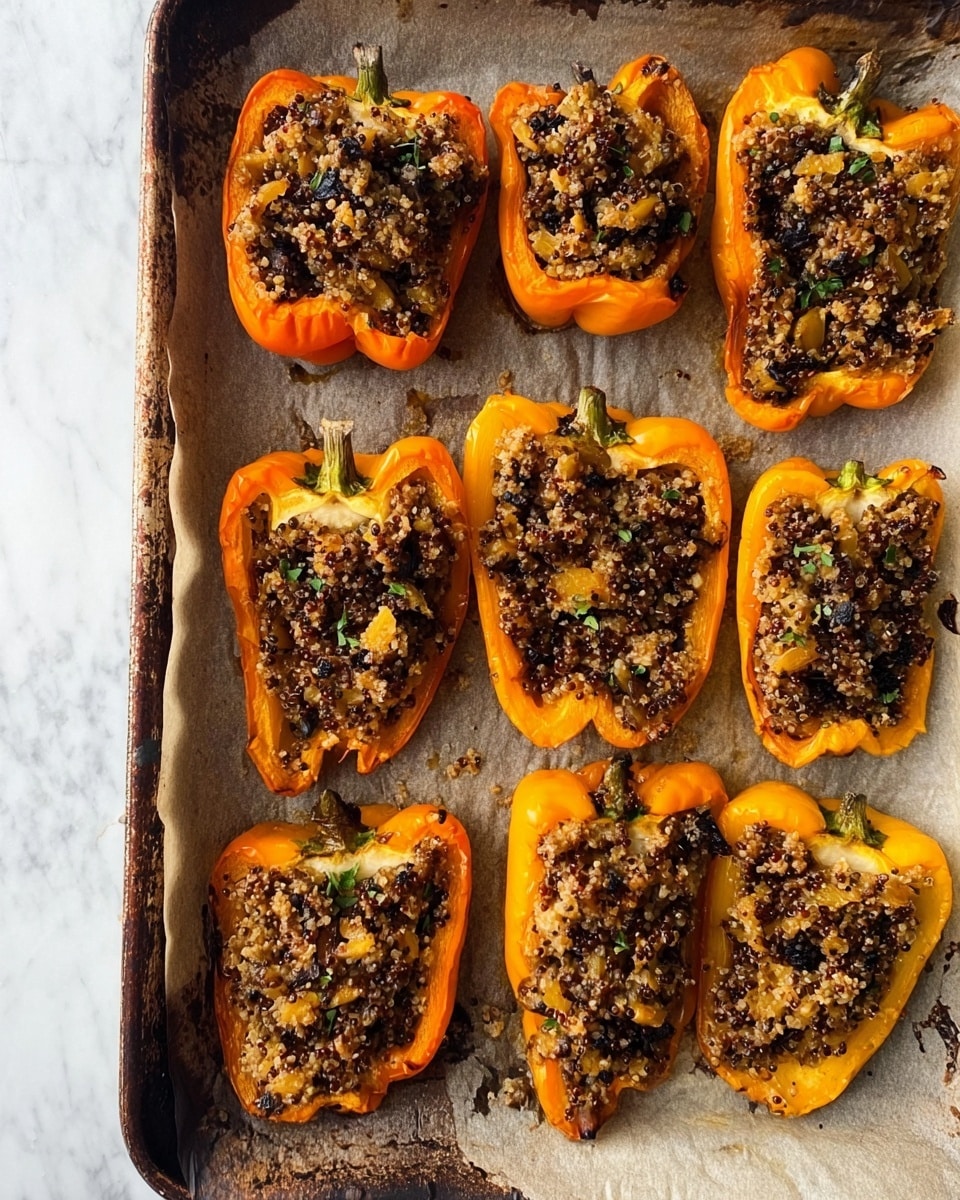 The image shows eight halves of orange bell peppers placed on a baking tray lined with parchment paper. Each pepper half is filled with a textured mixture of grains and small pieces that look like mushrooms and lentils, with some visible herbs sprinkled on top. The peppers have a slightly roasted look with darker edges, and the filling is a mix of beige, brown, and yellow colors. The baking tray has some dark baked spots around the peppers. The scene is set on a white marbled background. photo taken with an iphone --ar 4:5 --v 7