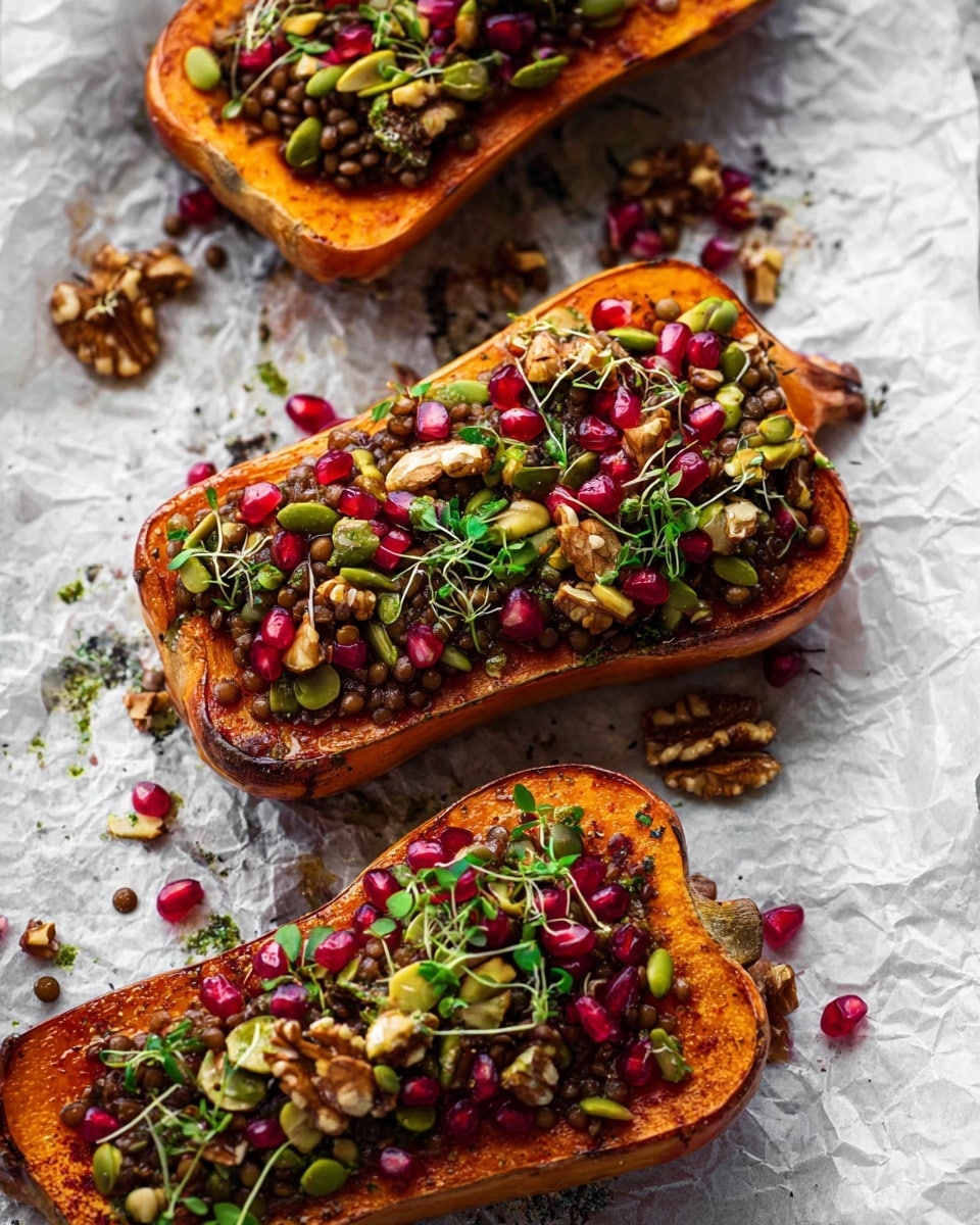 Three roasted butternut squash halves lie on crumpled white parchment paper over a white marbled surface. Each squash is filled with a mix of lentils and grains, topped with bright red pomegranate seeds, green pumpkin seeds, chopped walnuts, and small green microgreens. Scattered pomegranate seeds and bits of stuffing surround the squash, adding a fresh and colorful look. The texture of the roasted squash is soft and slightly shiny, while the toppings provide a mix of crunchy and juicy layers. photo taken with an iphone --ar 4:5 --v 7