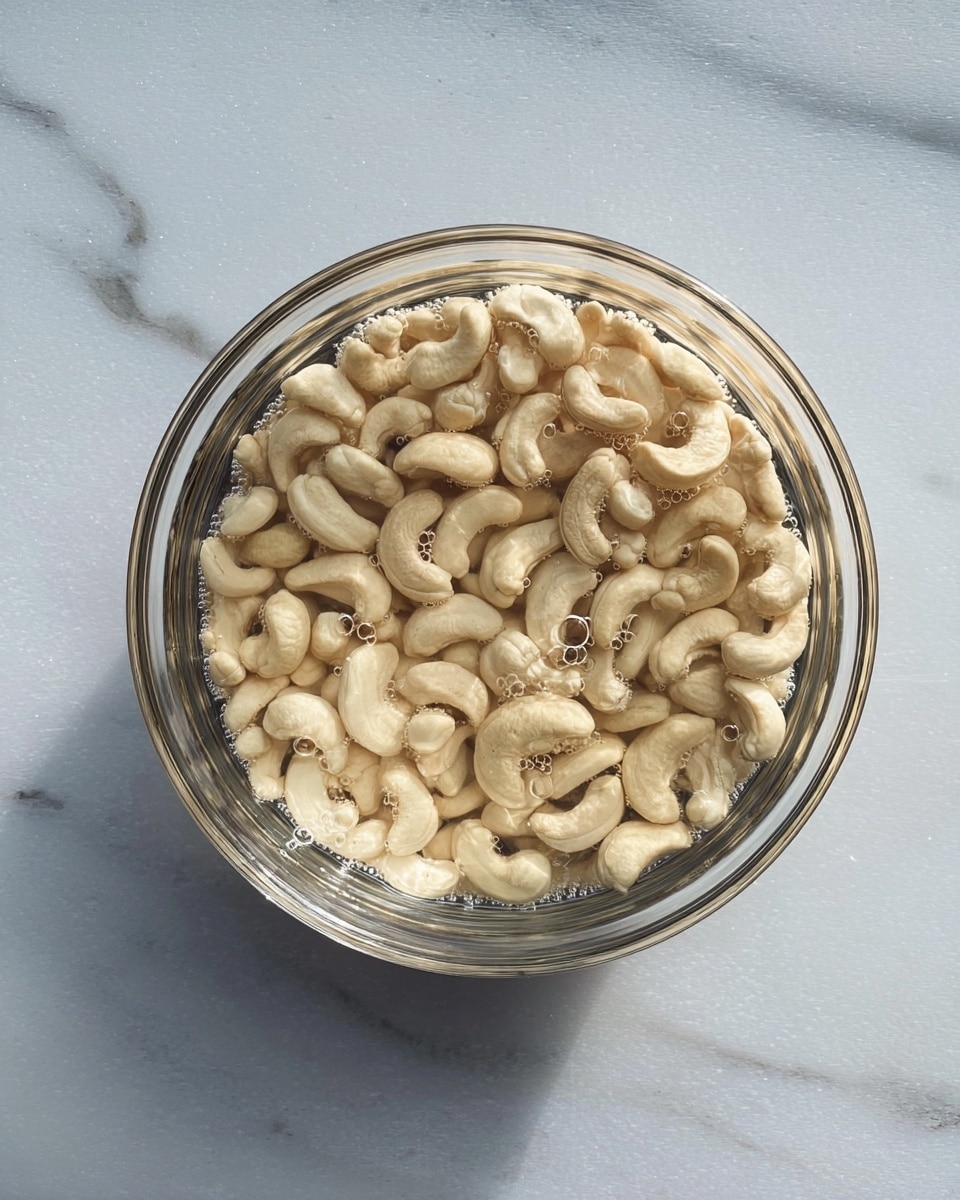 A clear round glass bowl filled with raw cashew nuts soaking in clear water, the cashews are light beige with smooth, curved shapes, tightly packed and floating or resting just below the water surface, small bubbles cling to some cashews, the bowl sits on a white marbled surface that contrasts softly with the light color of the nuts, giving a fresh and simple look photo taken with an iphone --ar 4:5 --v 7