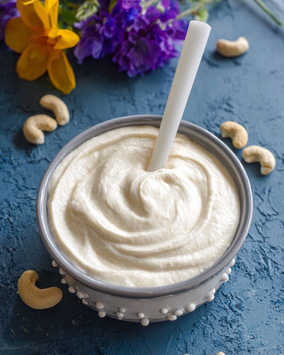 A clear glass pitcher sits in the center on a white marble coaster, filled with a smooth, light beige liquid that has tiny specks throughout, showing a creamy texture. Around the coaster, a few raw cashew nuts with a pale, off-white color are scattered on a worn blue wooden surface. Behind the pitcher, there's a glass jar with some bright yellow and purple flowers adding a colorful touch. Next to the jar, a dark cloth with red, white, and green patterns can be seen slightly blurred. The background is a white marbled texture. photo taken with an iphone --ar 4:5 --v 7