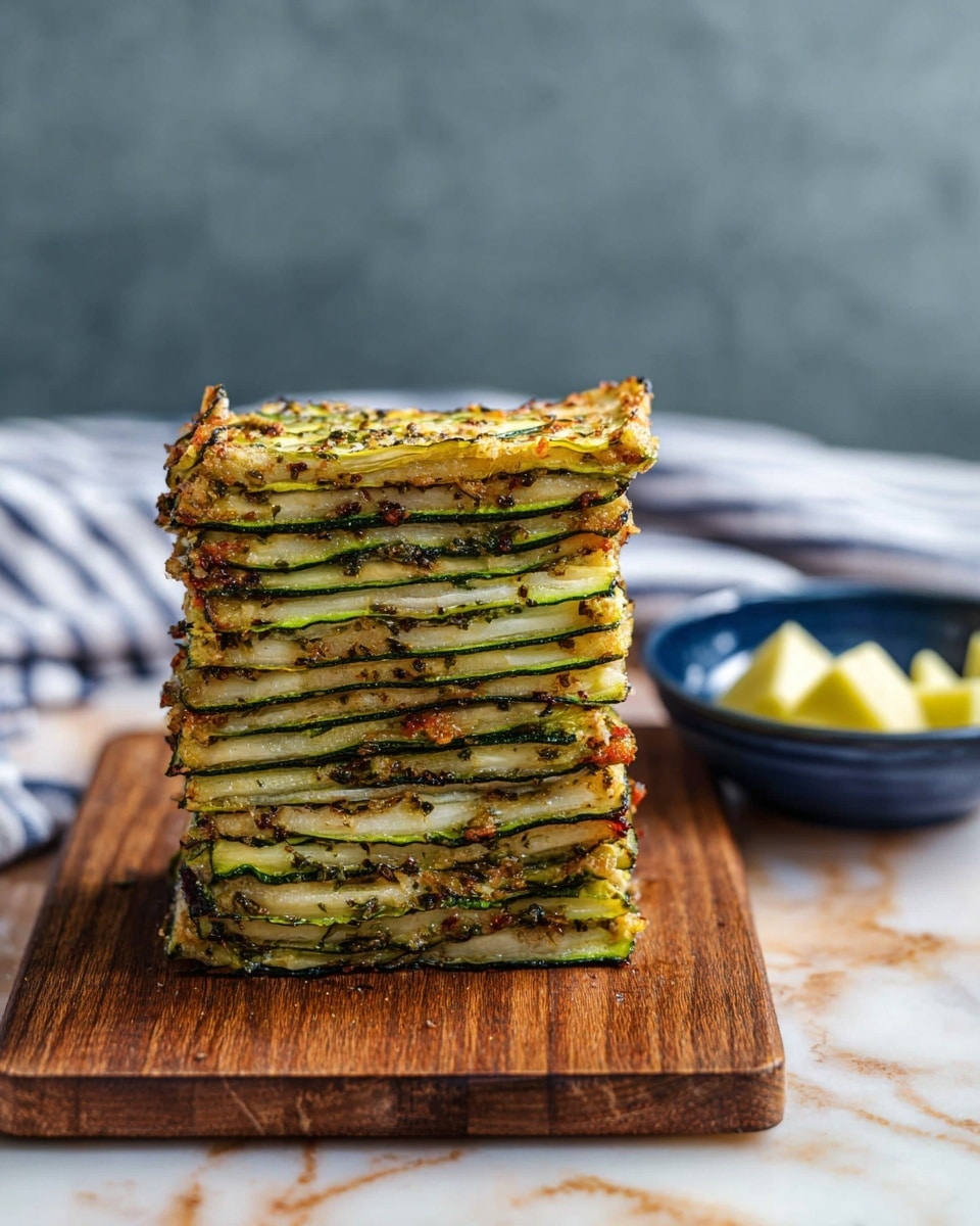 A tall stack of layered zucchini slices arranged neatly in horizontal layers, each layer showing thin green zucchini with a light golden crust textured by herbs and spices, creating a slightly crispy edge on the right side. The layers alternate between zucchini and a light, cooked filling, forming a dense rectangular block sitting on a wooden board. Behind the stack, a small dark blue bowl with light yellow chunks is visible, with a blurry striped cloth and soft grey wall in the background, all placed on a white marbled surface. photo taken with an iphone --ar 4:5 --v 7