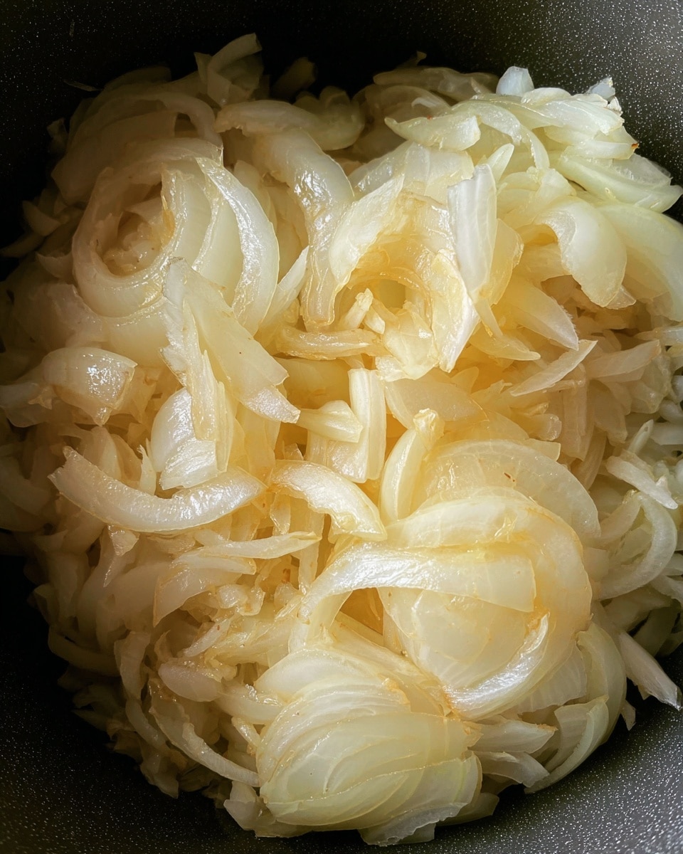 A white speckled round bowl with a small handle sits on a round wooden coaster, filled with a light brown soup base. Floating on top is a single toasted brown bread slice, covered with melted pale yellow cheese that spreads slightly over the edges. The bowl is on a wooden surface, with a blurred second bowl of soup in the background and a bunch of green leaves and pink flowers behind it. Photo taken with an iphone --ar 4:5 --v 7