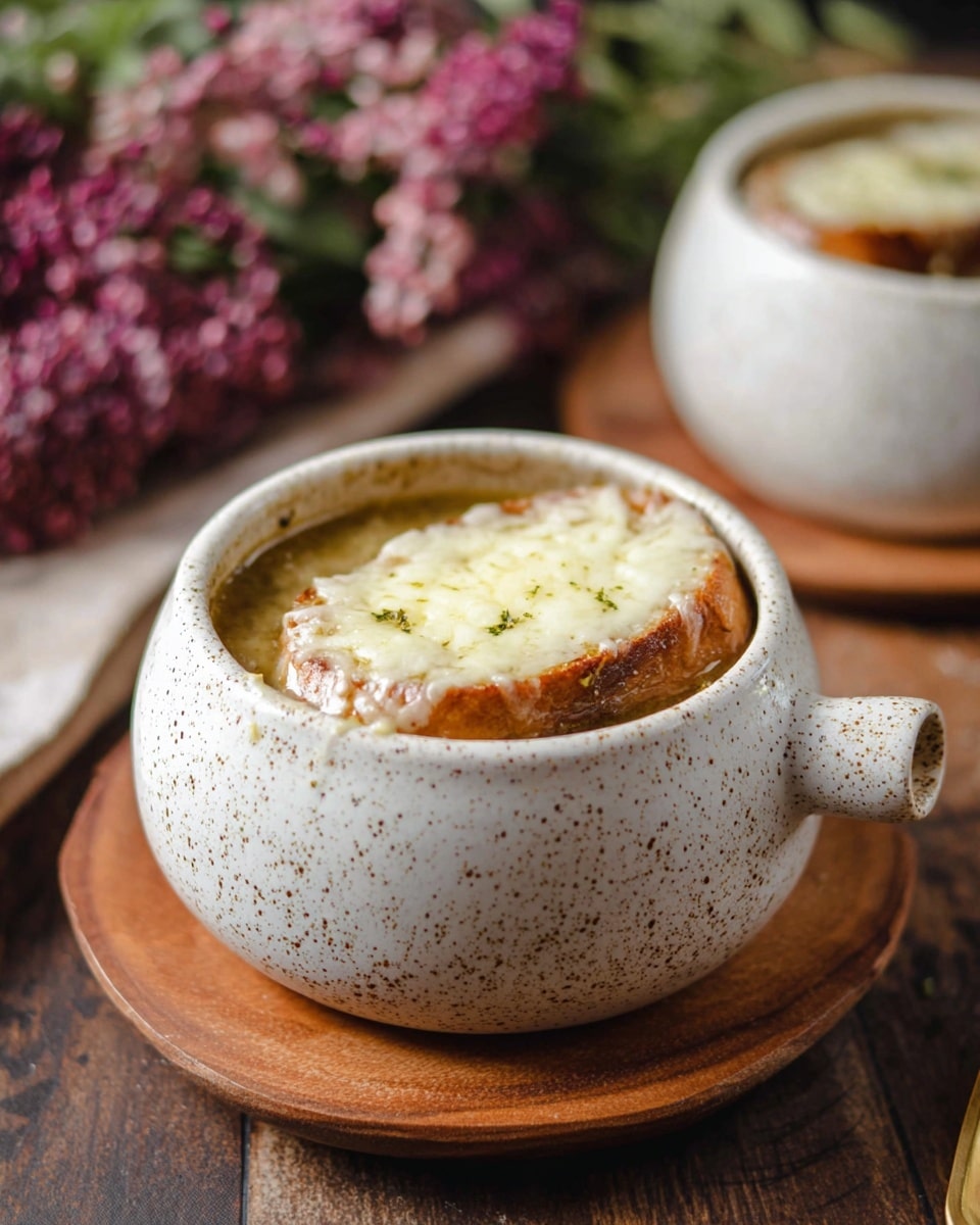 A white speckled pot with an orange rim holds a rich soup. At the bottom, there is a clear broth with small pieces visible. On top of the broth floats a thick slice of toasted brown bread, covered with a thick layer of melted white cheese that looks soft and slightly stringy. The pot has a handle, and it sits on a small wooden board on a white marbled texture surface. In the background, there is a blurry silver spoon and some colors suggesting flowers. Photo taken with an iphone --ar 4:5 --v 7