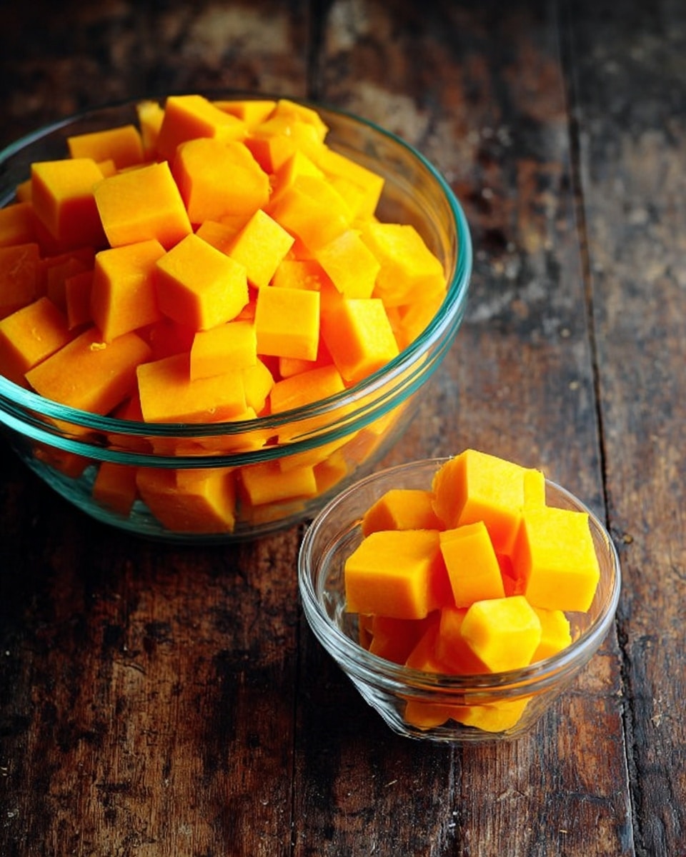 Two clear glass bowls filled with small bright orange cubes of squash sit on a dark wooden surface. The larger bowl is positioned in the top right corner, with the smaller bowl below it near the bottom left. Both bowls show the vibrant orange cubes stacked evenly, with smooth clean edges, casting soft shadows inside the glass. The rough wood grain contrasts with the smoothness and shine of the cubes. photo taken with an iphone --ar 4:5 --v 7