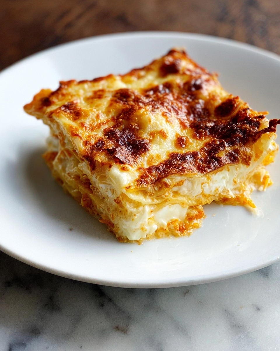 A white plate holds a square piece of layered dish with three visible layers. The bottom layer is golden and slightly crispy, with some orange bits. The middle layer is creamy and smooth with melted cheese or sauce. The top layer is a light golden brown with a slightly bubbly and browned surface. The plate is placed on a white marbled surface. photo taken with an iphone --ar 4:5 --v 7