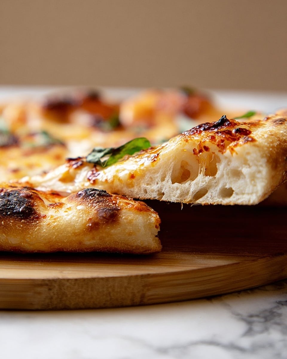 A round pizza on a wooden board with light and dark grain patterns, showing a thin crust with some dark burnt spots around the edges. The bottom layer is bright red tomato sauce spread unevenly. Patches of melted white mozzarella cheese are scattered across the tomato, bubbling and slightly browned in places. Fresh green basil leaves of different sizes are spread on top, adding a fresh look with their smooth texture and vibrant color. The wooden board has a handle at the bottom and rests on a white marbled surface. photo taken with an iphone --ar 4:5 --v 7