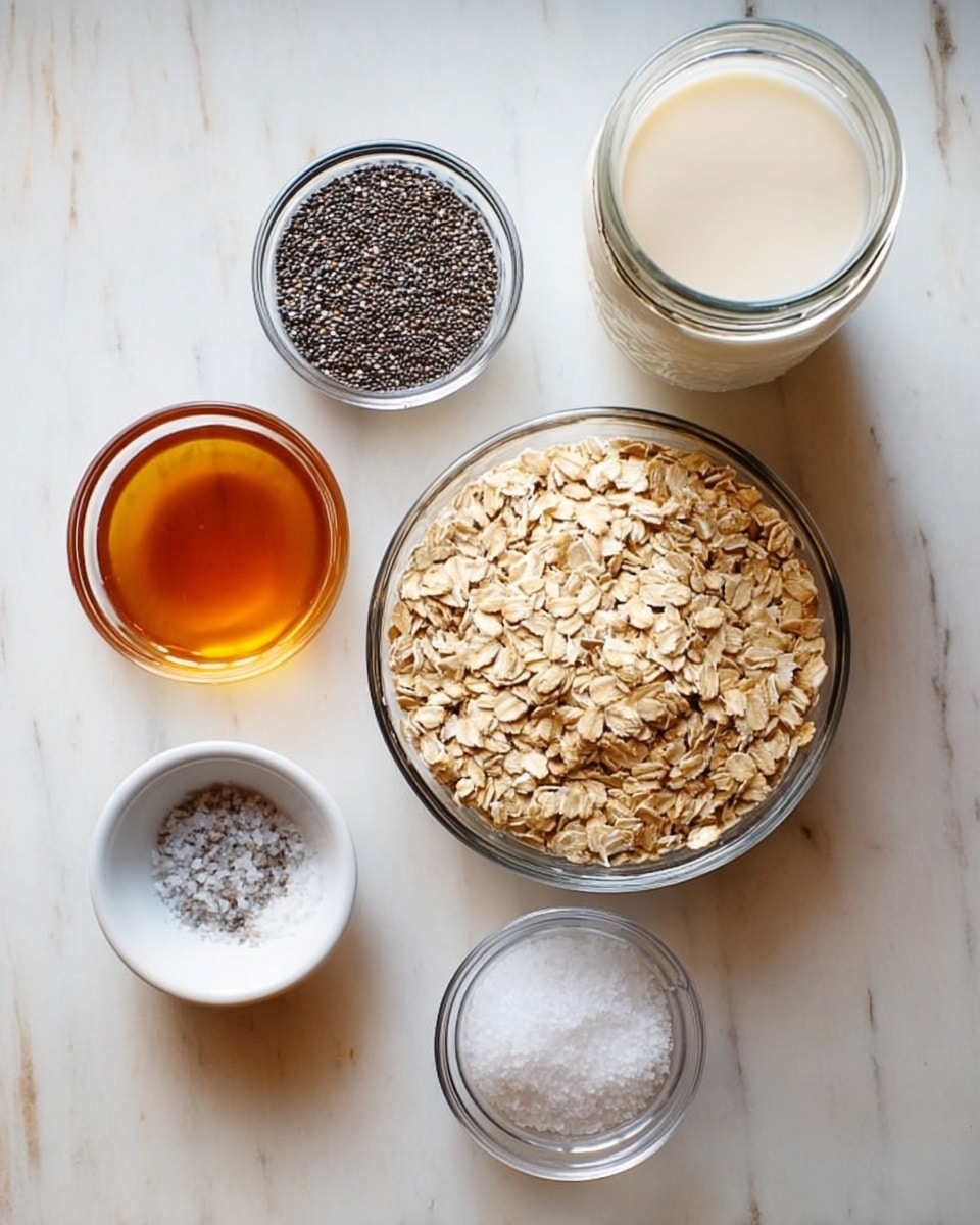 The image shows six clear glass bowls arranged on a white marbled surface. In the center is a bowl filled with light beige rolled oats with a dry, flaky texture. To the top left, there is a bowl of tiny black chia seeds with a grainy texture. Next to it on the top is a bowl with a dark caramel-colored liquid, smooth and shiny. Below the oats on the left, there is a bowl with thick amber liquid resembling syrup and next to it a white bowl filled with coarse white salt crystals that have a rough texture. On the top right, there is a tall glass jar filled with white milk, smooth and opaque. The background and surface have a clean white marble look. Photo taken with an iphone --ar 4:5 --v 7
