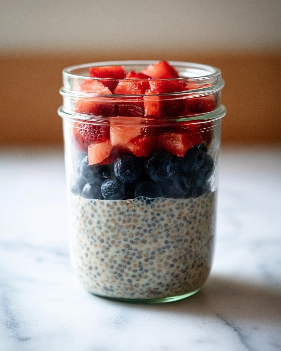 A white bowl filled with a creamy mixture of oats and chia seeds, showing a thick, textured layer with visible small chia seeds and oat bits throughout; on the right side of the bowl, fresh sliced red strawberries and small round dark blueberries sit on top of the oat mix, adding bright red and deep blue colors; a silver spoon rests inside the bowl, partly under the fruit; the bowl is placed on a white marbled surface photo taken with an iphone --ar 4:5 --v 7