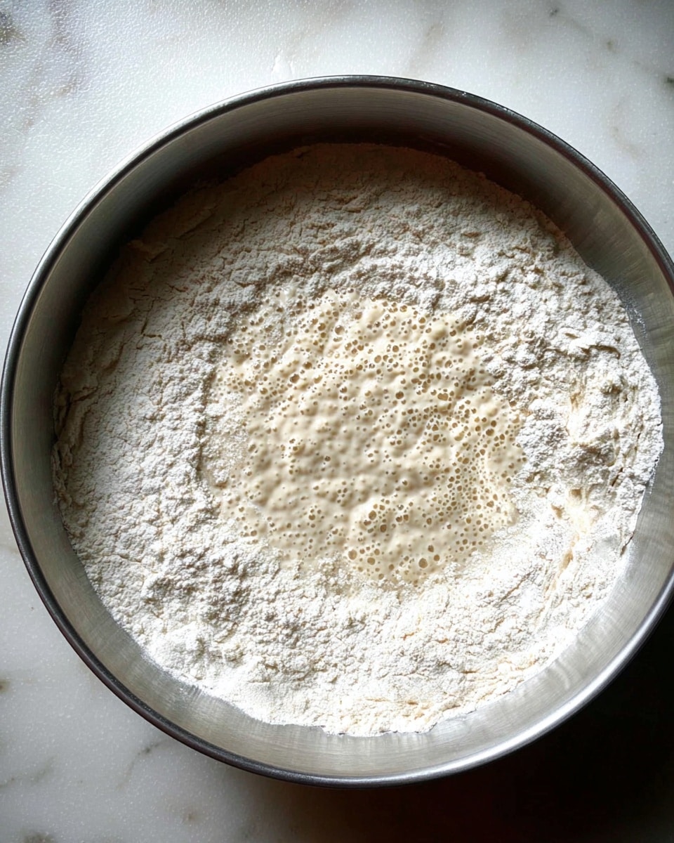 A large silver metal bowl holds two main layers of ingredients: a base layer of white flour spread evenly in a ring around the edge, and a central pool of bubbly, light beige liquid yeast mixture with small bubbles and irregular texture scattered over the flour, showing the start of dough preparation, all set against a white marbled textured surface. photo taken with an iphone --ar 4:5 --v 7