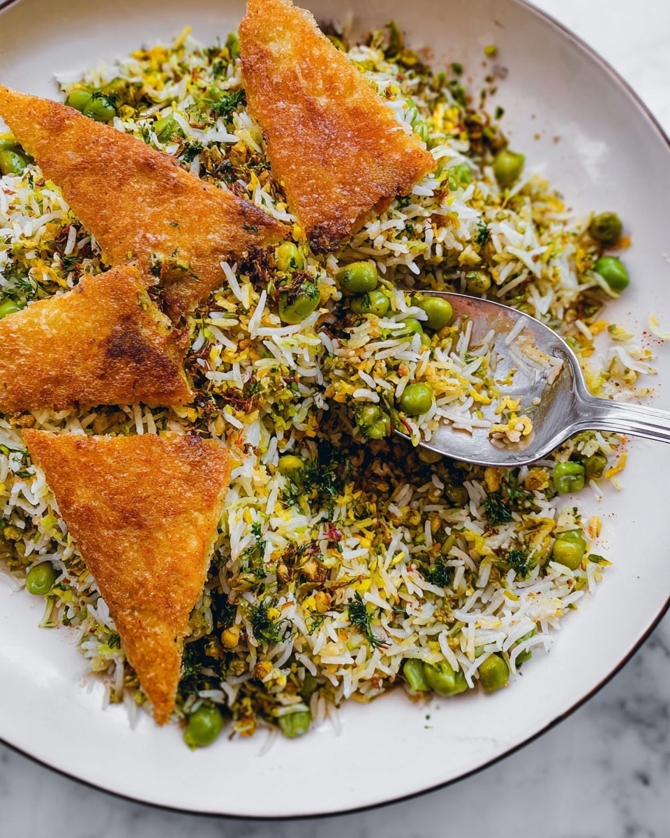 A close-up view of a large round white plate filled with a mixed rice dish. The rice is long-grain, with white and yellow grains scattered throughout, mixed with green broad beans and sprinkled with herbs that add a light green texture. On top of the rice, there are three triangular pieces of golden-brown crispy layer with a crunchy texture. A silver spoon is scooping a portion of the rice and beans from the plate. The plate is placed on a white marbled surface. photo taken with an iphone --ar 4:5 --v 7
