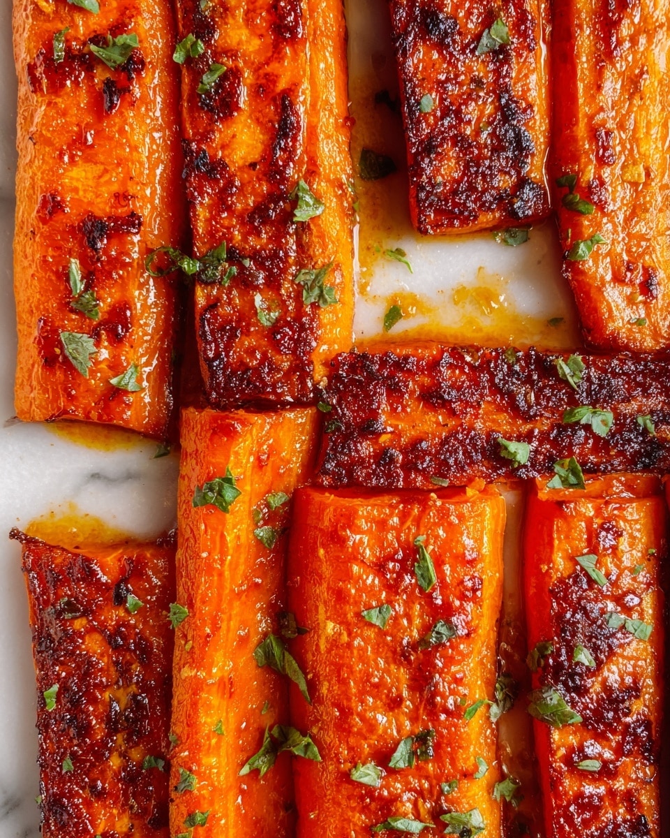 The image shows several rectangular slices of roasted carrots arranged closely on a white marbled surface. Each carrot slice has a vibrant orange color with a slightly darker, crispy brown edge and a textured surface indicating caramelization. The carrots are topped with a shiny, sticky glaze that gives them a rich, glossy look. Small pieces of green herbs sprinkled on top add a fresh contrast to the orange and brown tones. The carrots are aligned in a somewhat scattered, natural way, highlighting their rustic preparation style. Photo taken with an iphone --ar 4:5 --v 7