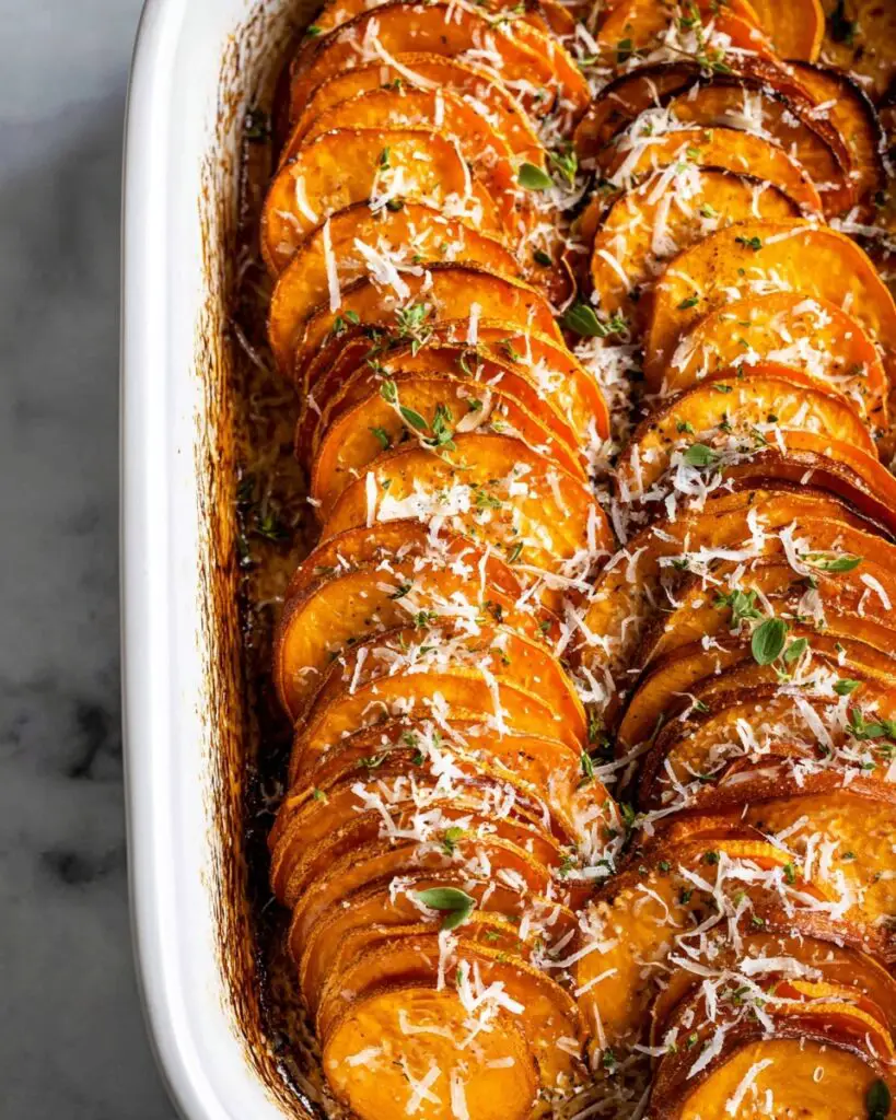 Baked Sweet Potato Slices with Garlic, Thyme, and Parmesan Recipe