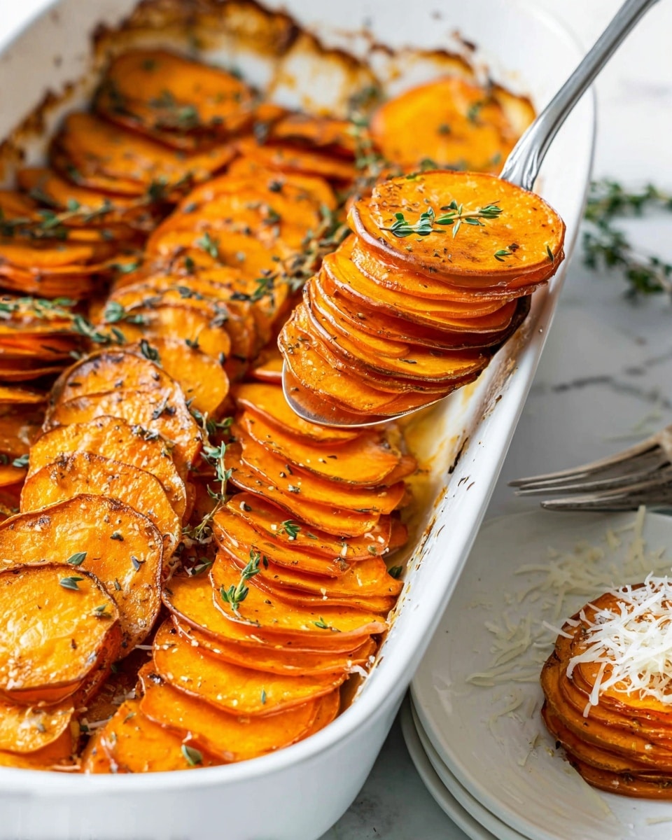 The image shows a white baking dish filled with layers of thinly sliced orange sweet potatoes arranged vertically and slightly overlapping each other. The slices have a roasted texture with browned edges, arranged in three rows across the dish. The surface of the sweet potatoes is sprinkled with finely grated white cheese and small green herb leaves, adding contrast to the rich orange color. The overall look is warm and inviting, with a slight crispness on the edges and soft centers visible between the slices. The background is a white marbled texture photo taken with an iphone --ar 4:5 --v 7