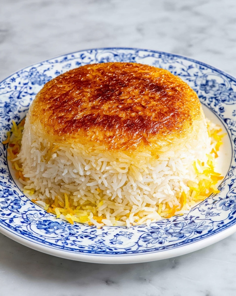 A close-up of a white plate filled with fluffy white and yellow basmati rice, topped with a large golden-brown crispy layer that is slightly cracked in the middle showing the soft rice underneath. The rice grains are long and separate, with some yellow grains mixed in, adding color contrast. A metal spoon scoops some rice, showing the fluffy texture and the crisp layer above. The plate sits on a white marbled surface with a small piece of the crispy layer resting on the corner of the plate. photo taken with an iphone --ar 4:5 --v 7