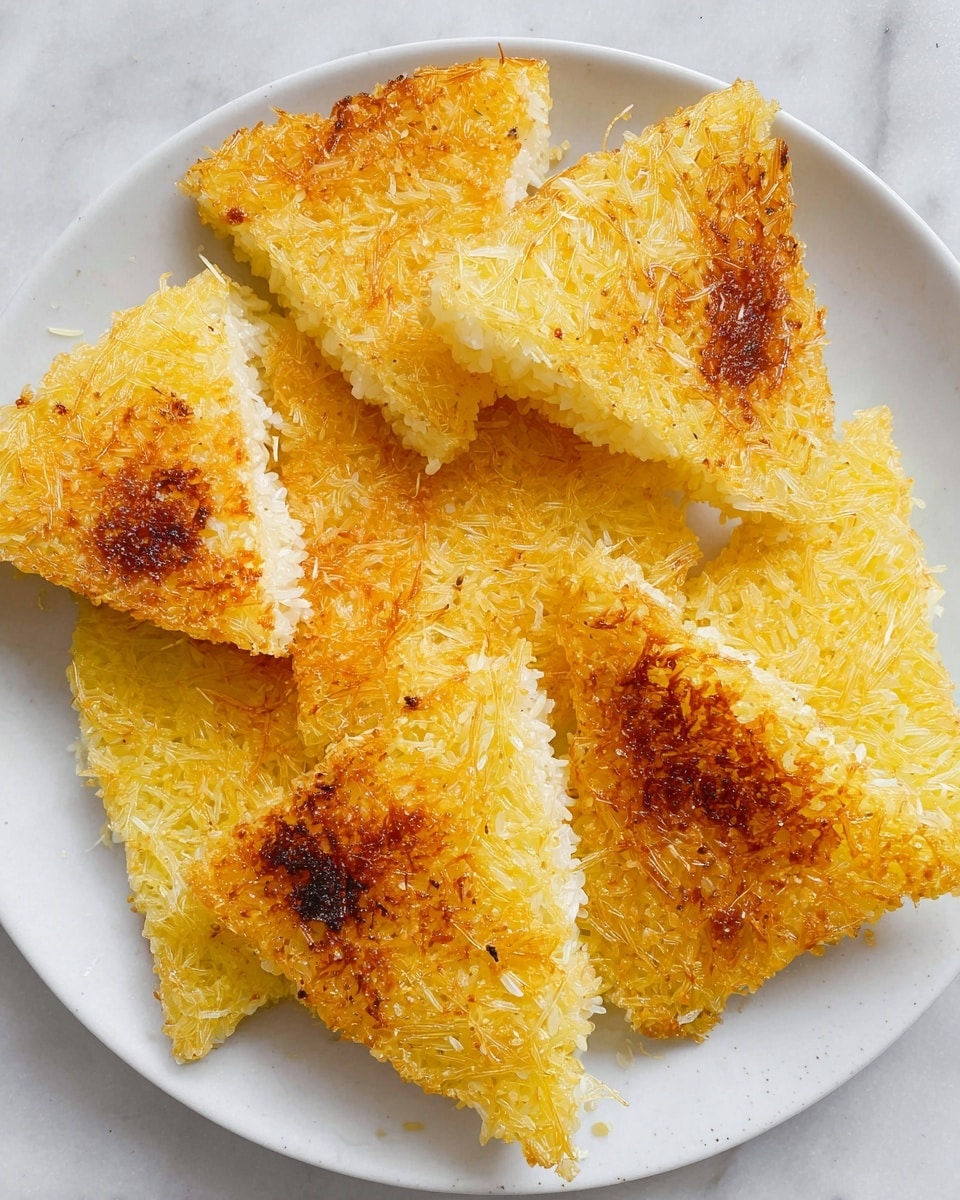 A dome-shaped dish of rice with two main layers sits on a white plate with blue floral patterns. The top layer is a golden brown crisp with a slightly toasted texture, covering the entire dome's surface. The middle layer is made of white long-grain rice, fluffy and soft, extending down the sides of the dome with some yellow rice pieces mixed in near the bottom edge. The plate rests on a white marbled surface, highlighting the colors and textures of the rice dish. photo taken with an iphone --ar 4:5 --v 7
