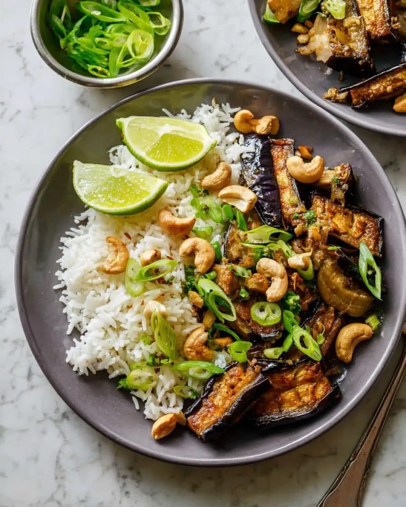 Miso Glazed Eggplant with Coconut Rice and Chili Garlic Cashews Recipe