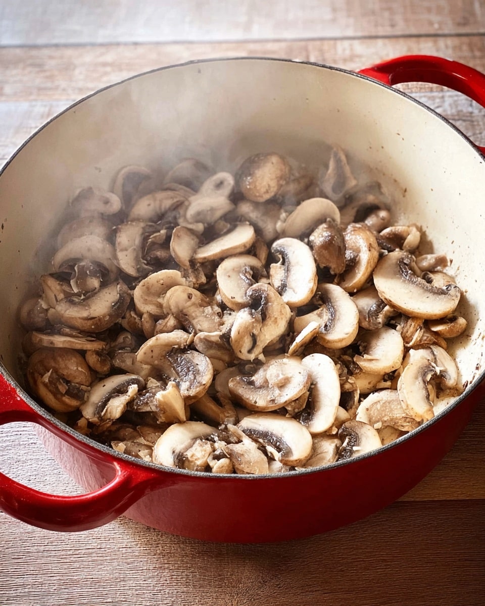 A red cast iron pot with an off-white inner surface sits on a light wood surface, filled with many cooked mushroom slices and whole mushrooms. The mushrooms are light brown, dense, and slightly glossy, steaming hot with light wisps of steam rising above them. The mushrooms cover the whole bottom of the pot, with some slight browning on the inner sides. The pot’s red handles frame the scene gently. Photo taken with an iphone --ar 4:5 --v 7