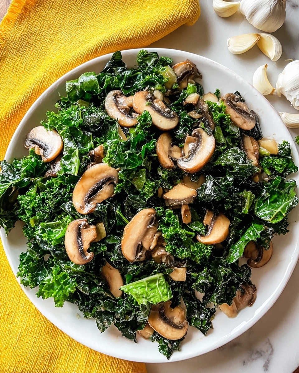 A white plate is full of cooked dark green kale leaves, mixed with light brown sliced mushrooms scattered evenly across the top. The kale leaves have a curly texture and a slightly shiny surface, showing they are sautéed, while the mushrooms look soft and tender. The plate sits on a bright yellow cloth, and in the corner, there is a cluster of peeled white garlic cloves on the white marbled surface. The overall look is fresh and healthy with a mix of leafy green and light brown earthy tones. photo taken with an iphone --ar 4:5 --v 7