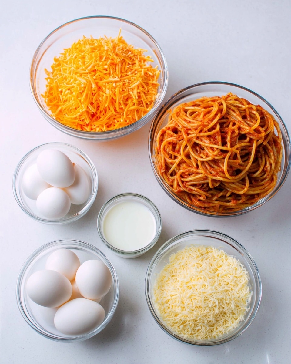 The image shows five clear glass bowls placed on a white marbled surface. The largest bowl is filled with spaghetti covered in a red sauce, showing mixed noodles with a glossy texture, positioned at the top right. To the top left is a medium bowl filled with shredded bright orange cheese, finely shredded and loosely piled. Below these, there are three smaller bowls in a row: the left bowl holds three whole white eggs with smooth shells; the middle bowl contains a small amount of white milk, smooth and shiny; and the right bowl has finely grated pale yellow cheese with a grainy texture. The arrangement is neat and evenly spaced. Photo taken with an iphone --ar 4:5 --v 7