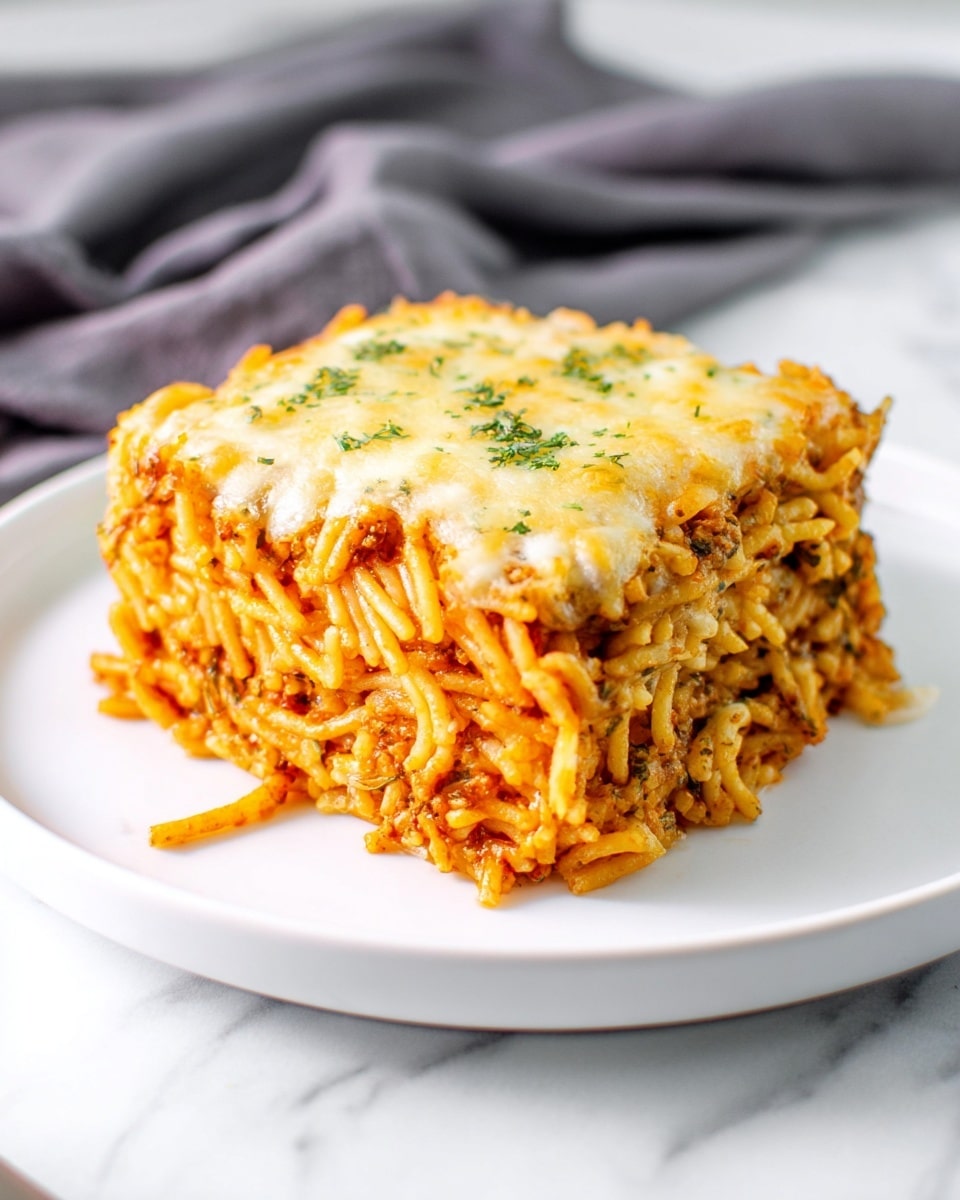 A thick square piece of baked spaghetti sits on a white plate, showing two main layers of pasta mixed with sauce and herbs. The top layer is covered with a golden melted cheese that looks slightly crispy and bubbly. The pasta strands are tightly packed, with some strands sticking out at the edges. The plate rests on a white marbled surface with a soft gray cloth in the background. Photo taken with an iphone --ar 4:5 --v 7