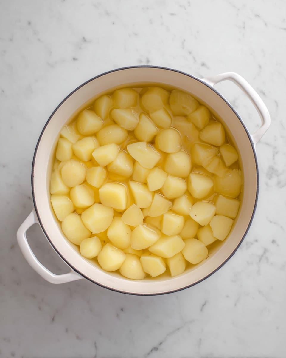 A white pot is filled with many small pieces of light yellow potatoes submerged in clear water, showing the potatoes floating and resting throughout the pot. The pot has two handles and sits on a white marbled surface. The image is a close top-down view, highlighting the soft texture of the potatoes and the slight bubbles in the water photo taken with an iphone --ar 4:5 --v 7