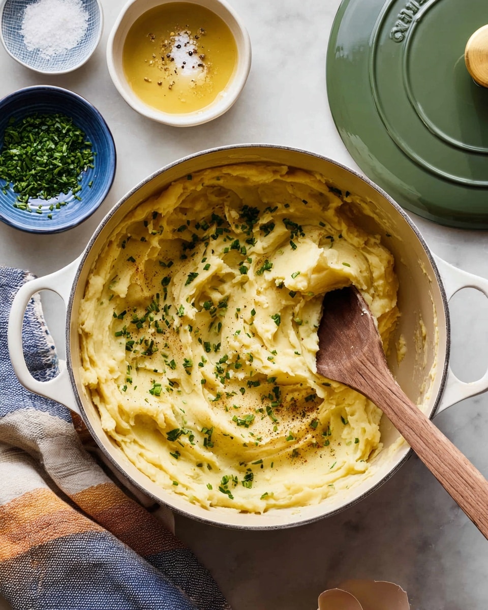 A white pot with two handles holds a creamy layer of pale yellow mashed potatoes that cover the bottom and sides. The mashed potatoes have a soft, smooth texture with some small lumps, and a cluster of bright green chopped chives is sprinkled unevenly on top, adding a fresh burst of color. The pot sits on a white marbled surface, giving a clean and simple background. photo taken with an iphone --ar 4:5 --v 7