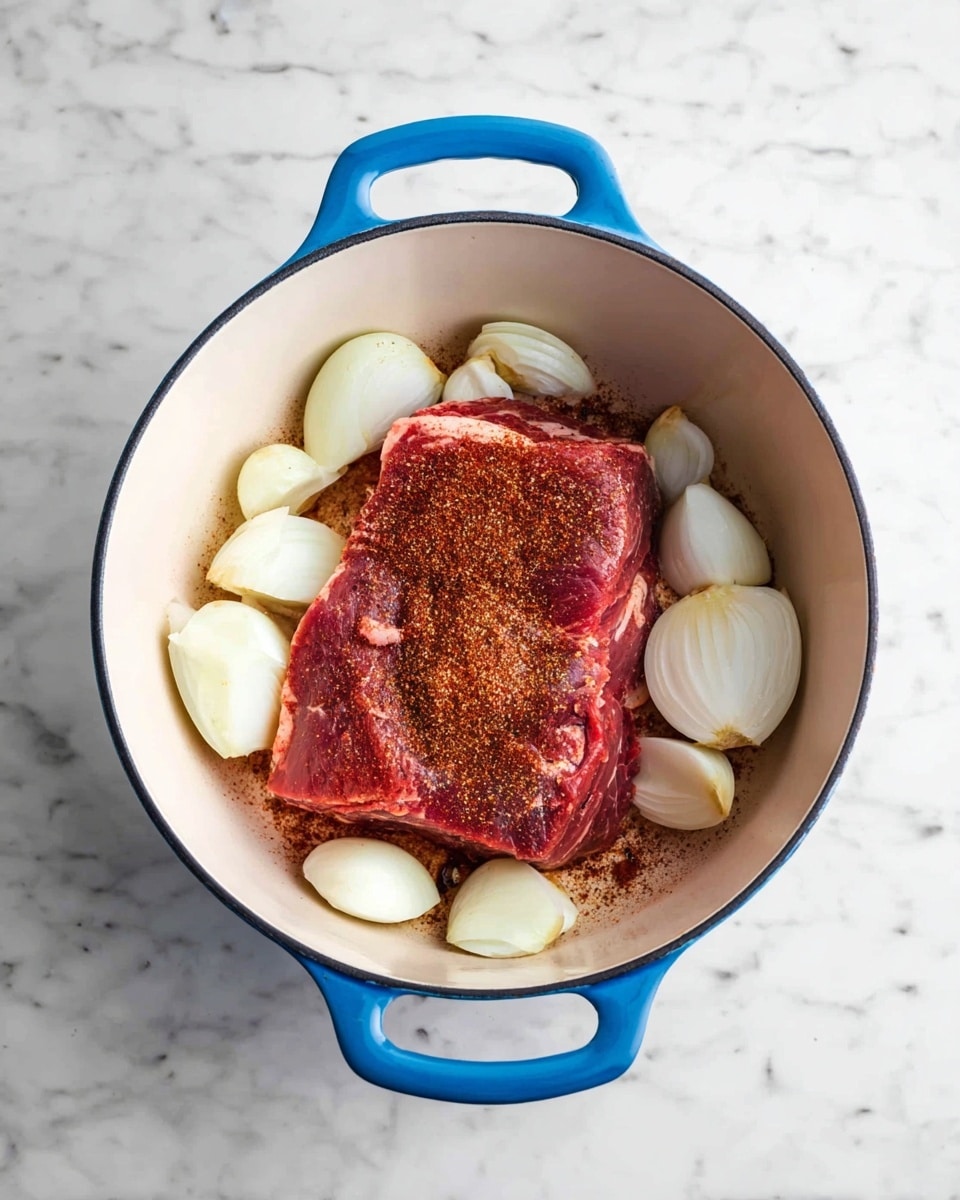 A round pot with two handles, white inside with a blue outside, holds a raw large red meat piece seasoned with brown spices spread on top. Around the meat, there are roughly chopped onion pieces, white and smooth, placed evenly. The pot is on a surface with a white marbled texture. photo taken with an iphone --ar 4:5 --v 7