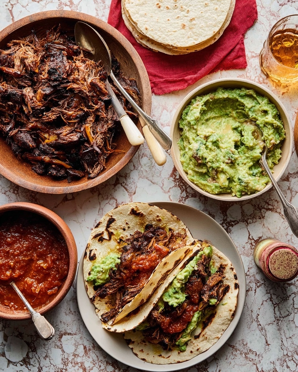 The image shows a white plate holding two folded toasted tortillas with dark grill marks on top of a layer of shredded dark brown meat, bright green mashed avocado, and a red sauce with a chunky texture. To the left, there is a round wooden bowl filled with a large amount of shredded dark brown meat with caramelized bits, alongside two metal spoons with light wooden handles resting on the edge. Above, on the right side, there is a beige bowl filled with chunky light green mashed avocado with a spoon inside. Next to it, there is a brown bowl of rich red chunky sauce with a spoon resting on the edge. In the top left corner, there is a stack of white tortillas with a red cloth on top. The background is a worn white marbled surface with a glass of light amber drink and a bottle cap visible near the top edge. Photo taken with an iphone --ar 4:5 --v 7
