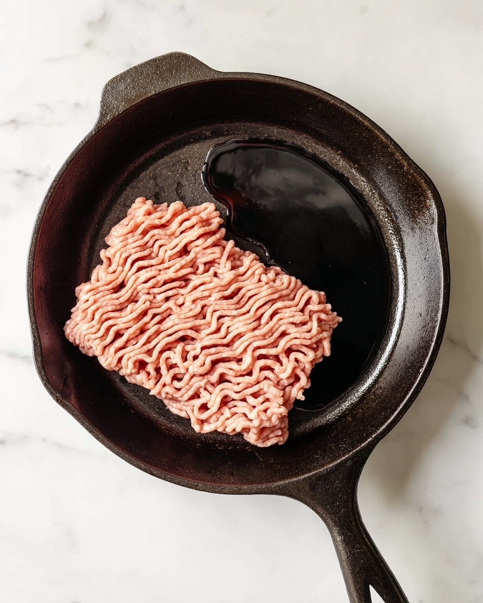 A top view of a black cast iron pan placed on a white marbled surface, containing one layer of raw ground meat in a pinkish color with textured, ridged lines, positioned on the left half of the pan, next to a small pool of dark cooking oil on the right side of the pan photo taken with an iphone --ar 4:5 --v 7