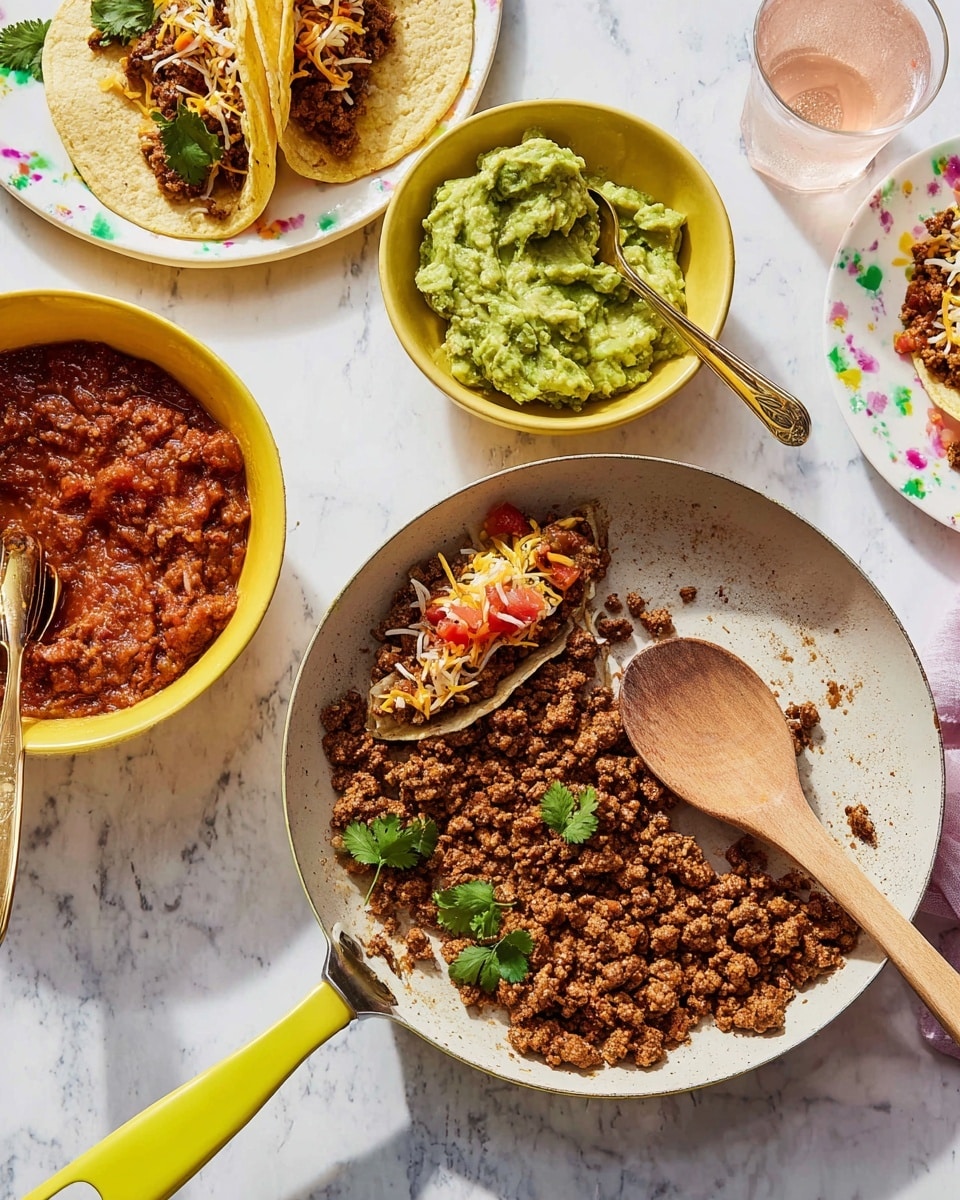 A white pan with a yellow handle holds a layer of browned ground meat, spread evenly on the white marbled surface. A wooden spoon rests on the meat in the pan. To the left, a yellow bowl contains a rich red salsa with a gold spoon in it. Above, another yellow bowl filled with chunky green guacamole sits with a gold spoon. On a white plate with colorful paint splatter patterns, three soft tacos are stacked, each layered with browned meat, shredded cheese, green chopped onions, fresh cilantro leaves, and red salsa, folded in half. A clear glass with a light pink liquid is in the upper right on the white marbled surface. photo taken with an iphone --ar 4:5 --v 7