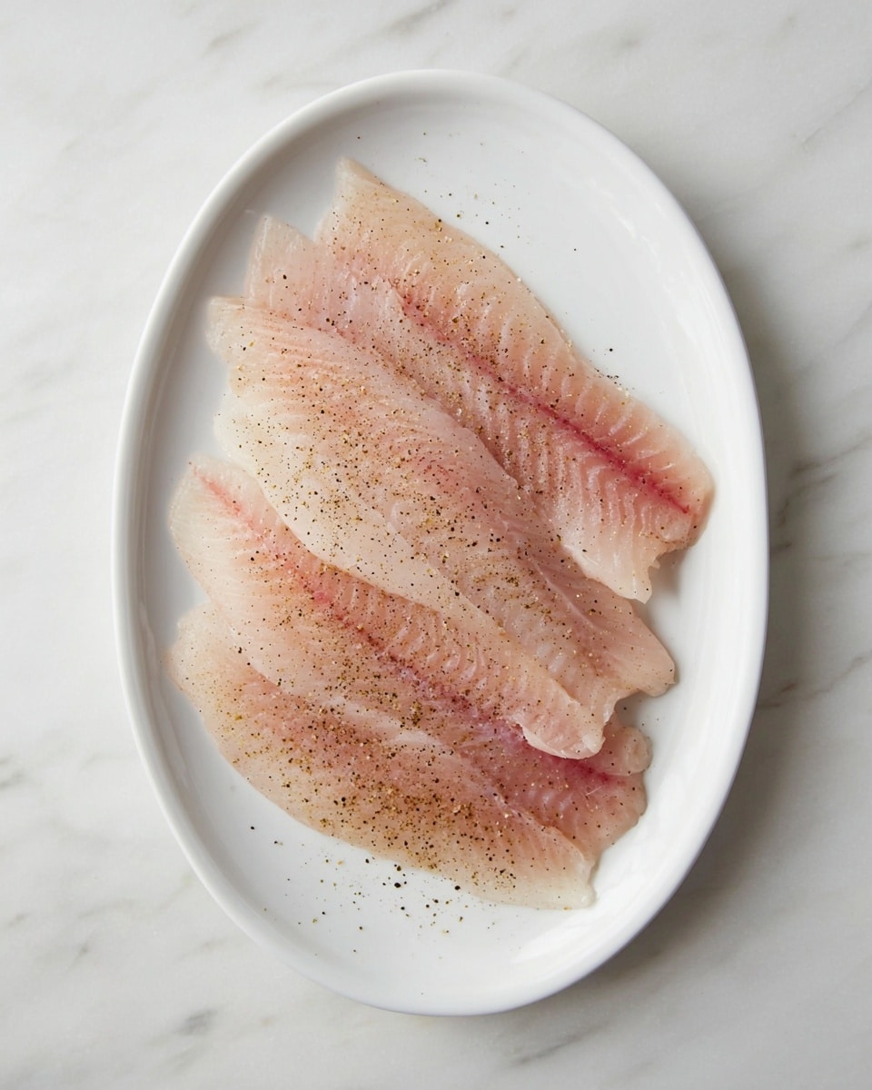 The image shows a white oval plate on a white marbled surface, with three thin layers of raw, pale pink fish fillets lightly sprinkled with black pepper. The fillets have a smooth texture and are slightly overlapping, creating a soft, wavy pattern. Photo taken with an iphone --ar 4:5 --v 7