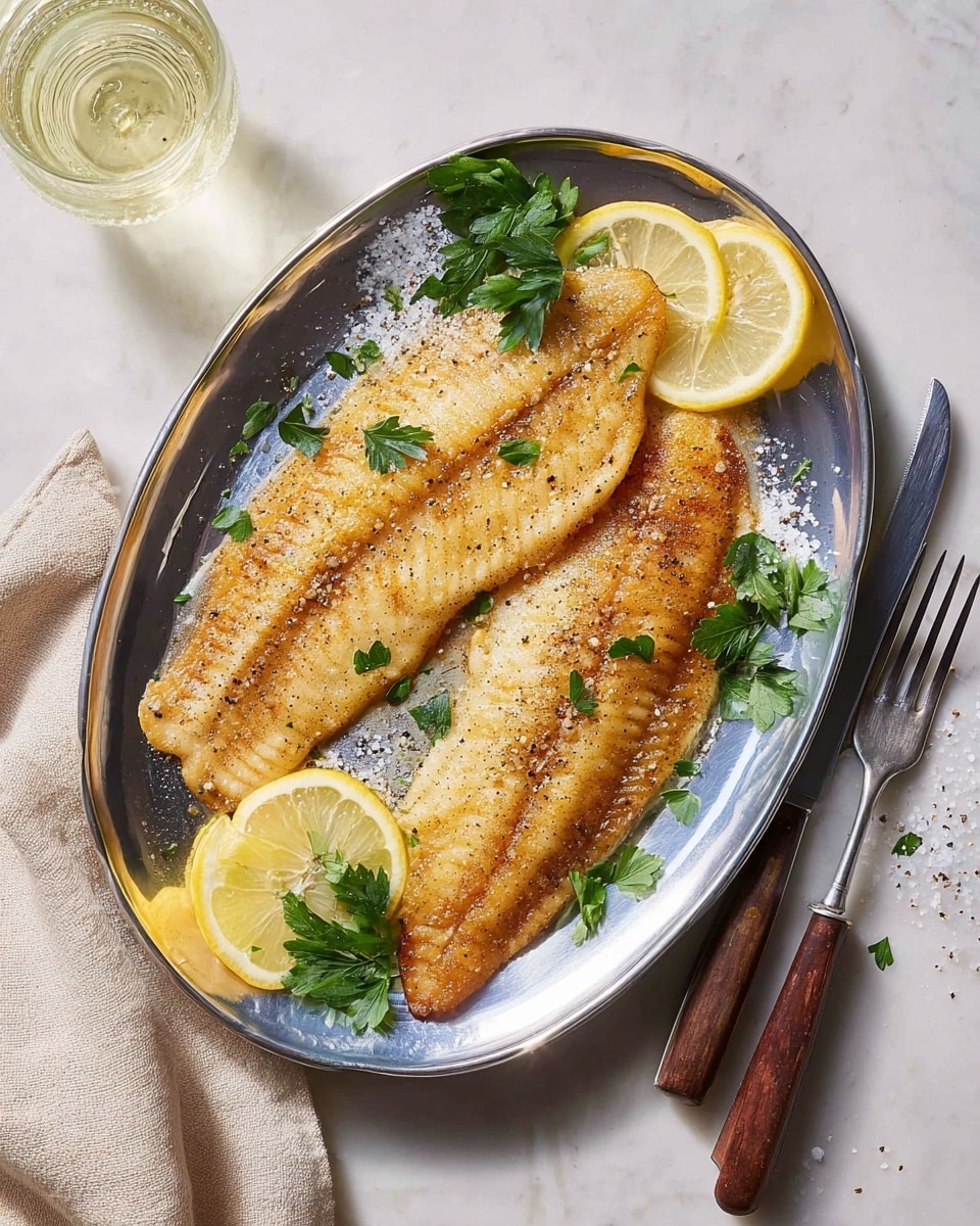 A shiny silver oval plate holds two golden-brown cooked fish fillets side by side, each fillet showing a slightly crispy texture and light grilling marks. Bright yellow lemon wedges are placed on the left and bottom edges of the fillets, and fresh green parsley leaves are scattered on top and around the fish. Coarse white salt flakes and ground black pepper are sprinkled lightly on the fillets and plate. The plate sits on a white marbled surface with a light beige cloth napkin folded beside it. A clear glass filled with pale yellow liquid is positioned to the top left, while a knife and fork with brown handles rest to the right of the plate. photo taken with an iphone --ar 4:5 --v 7
