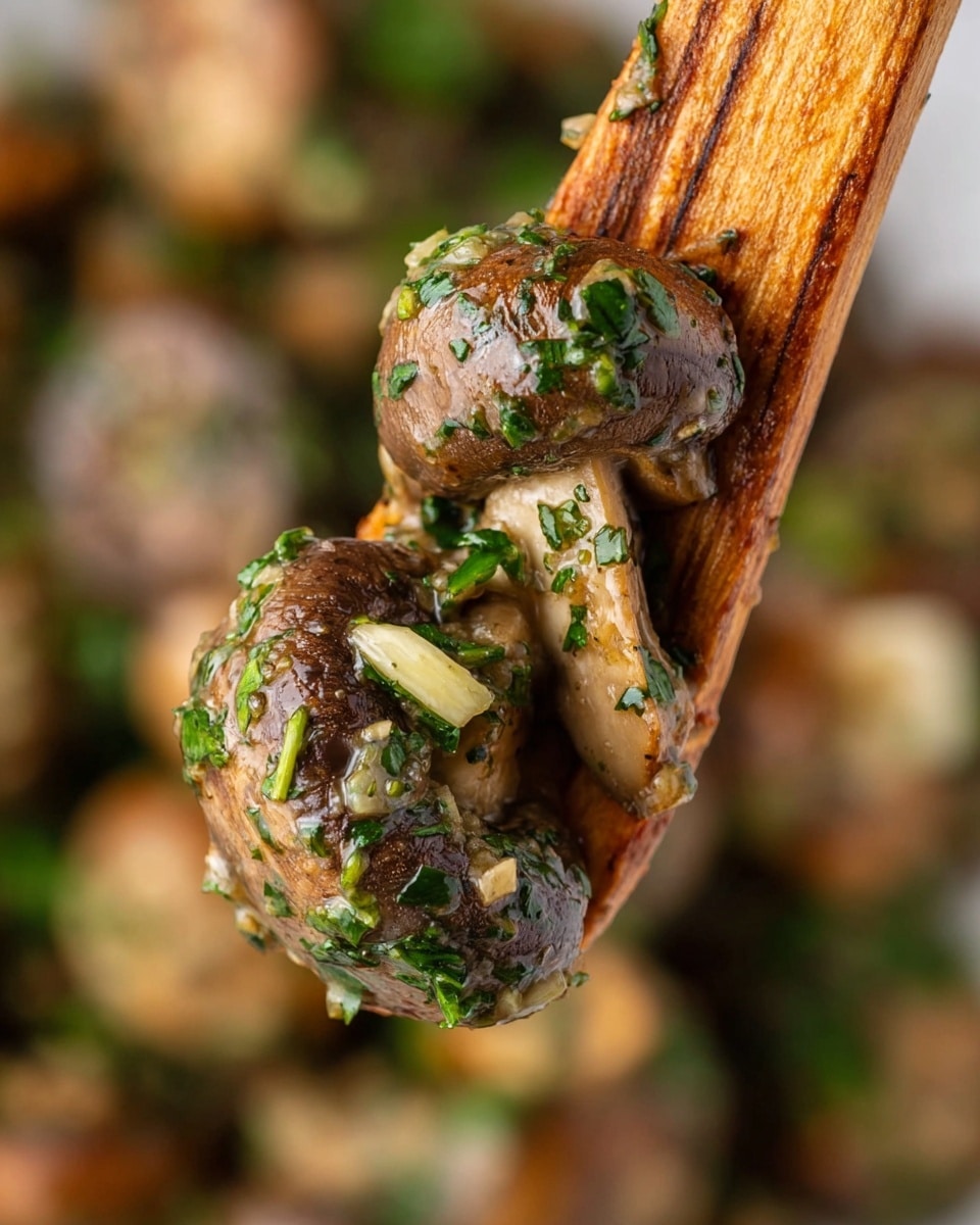 The image shows a close-up of a black pan filled with sautéed mushrooms. The mushrooms are mostly brown and beige, cut into halves and quarters, mixed with small pieces of green herbs sprinkled throughout. A wooden spoon lifts some mushrooms in the center, showing a shiny and slightly moist texture from cooking. In the background, there is a yellow lemon squeezer and a wooden cutting board blurred out on a white marbled surface. The overall look of the dish is warm and rustic, highlighting the cooked mushrooms and fresh herbs. photo taken with an iphone --ar 4:5 --v 7