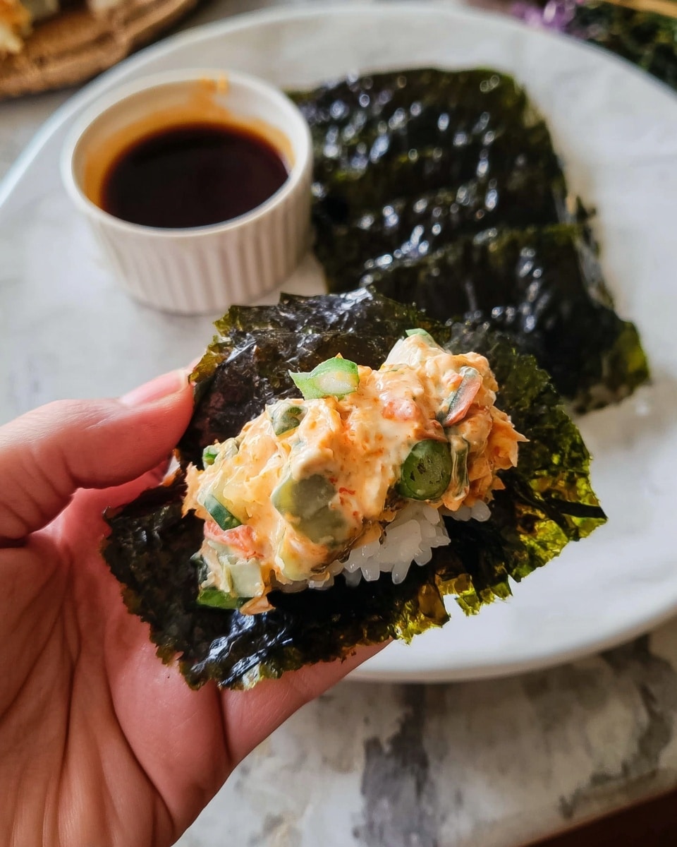 A white rectangular dish filled with a thick baked mixture that has a pinkish-orange base with visible small bits of white, topped with dark green herbs spread evenly over the surface. There are light beige creamy zigzag lines and darker brown sauce drizzled over the top in parallel diagonal lines. The dish is generously sprinkled with bright green chopped scallions cut into small rings and pieces, adding a fresh contrast. Tiny sesame seeds are also scattered across, adding texture to the vibrant colorful layers photo taken with an iphone --ar 4:5 --v 7