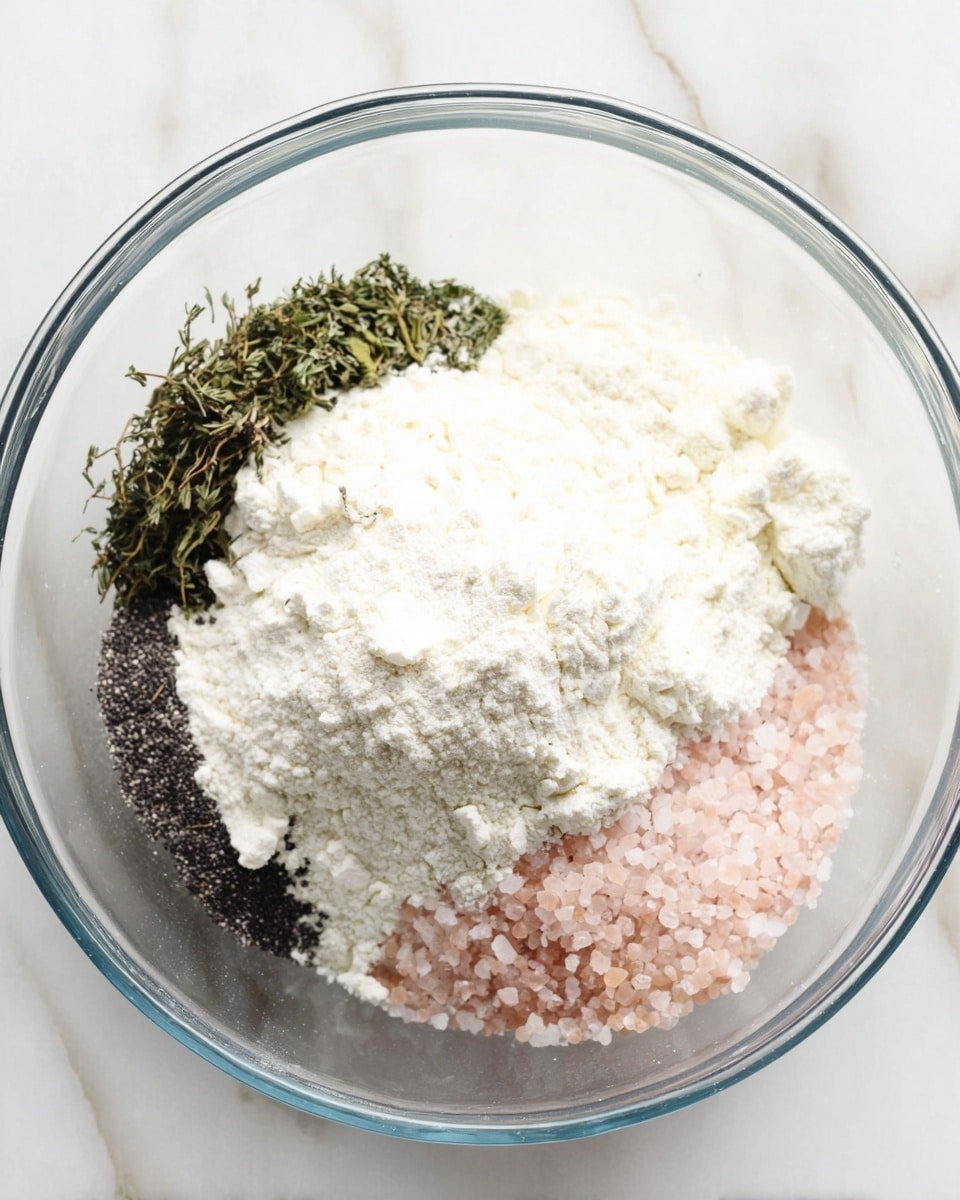 A clear glass bowl sits on a white marbled surface, filled with several layers of dry ingredients. The largest part is a mound of white powdery flour covering the center and right side of the bowl. Below it, on the bottom right, is a layer of pink Himalayan salt with a grainy texture. To the left of the salt is a small patch of dark black ground pepper. Above the pepper and to the left is a small pile of dried green herbs, and next to it on the top left side of the bowl are some dried thyme leaves. The bowl is photographed from above in bright light, showing the fine textures of each ingredient photo taken with an iphone --ar 4:5 --v 7