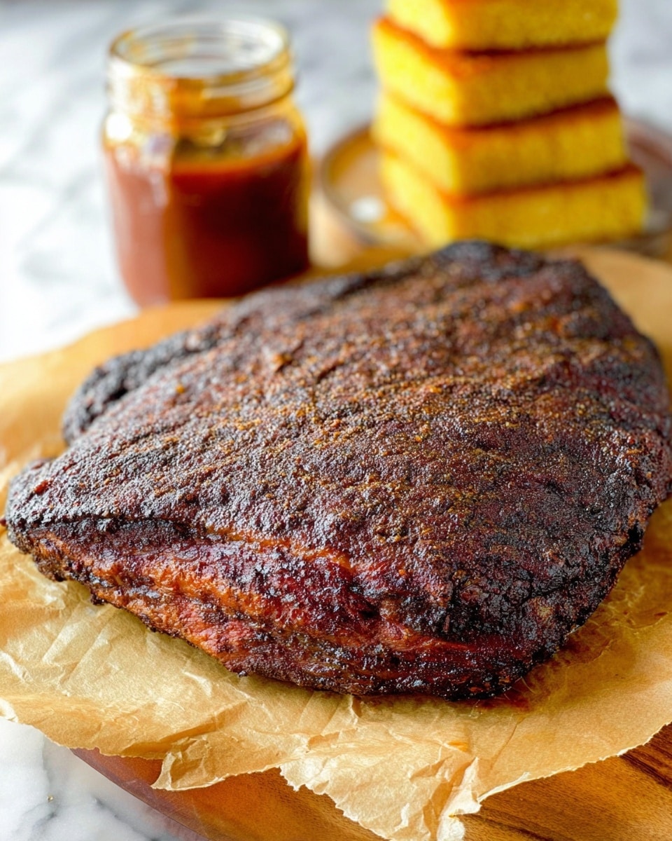 A toasted sandwich with two thick, golden brown slices of bread forms the top and bottom layers. Between the bread is a layer of dark, grilled meat that looks tender with slightly charred edges. On top of the meat is a shiny, deep red sauce spread unevenly. The sandwich sits on a piece of light brown parchment paper, which is placed on a white plate. To the side of the sandwich on the plate is a small portion of creamy coleslaw with shredded cabbage and carrot pieces. In the background, there is a blurred glass jar of sauce and a wooden cutting board resting on a white marbled surface. photo taken with an iphone --ar 4:5 --v 7