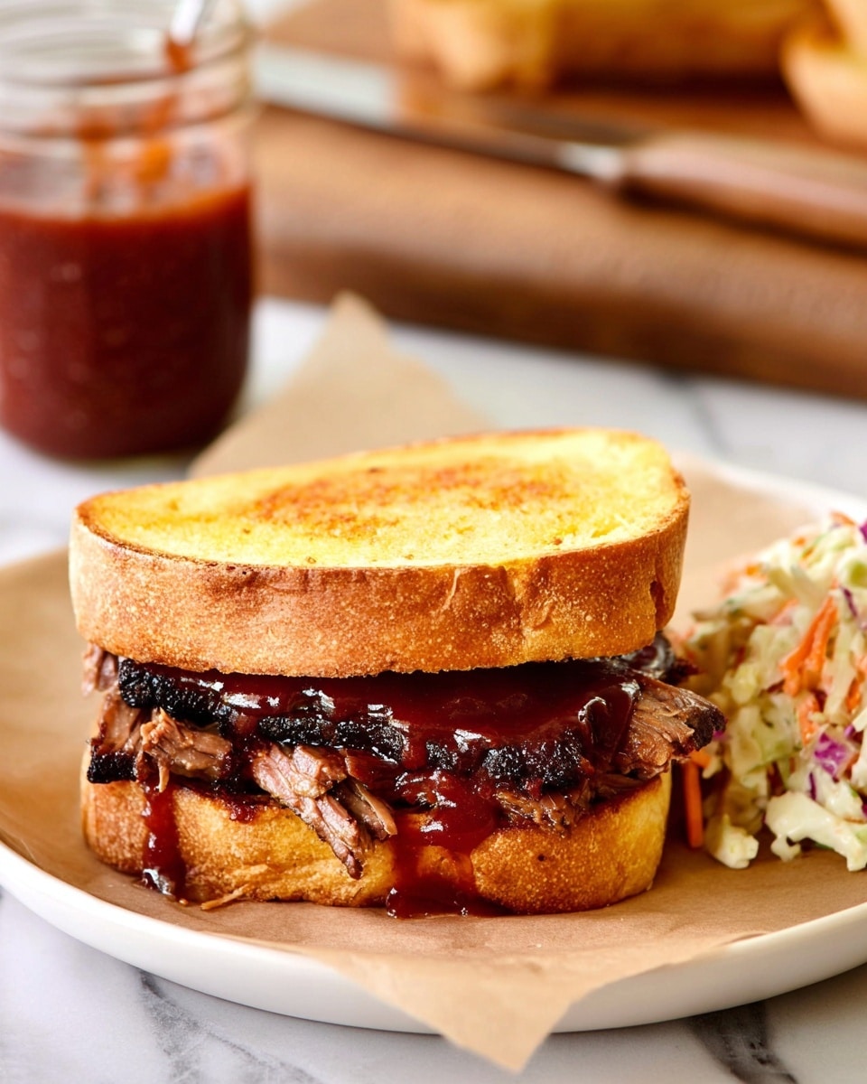 The image shows a large, thick piece of cooked beef brisket with a dark, seasoned crust on top. The brisket is sliced near the bottom front side into several pieces, revealing a tender, textured inside with a brownish color. It rests on light brown parchment paper placed on a wooden board. Behind the brisket, there is a glass jar filled with dark red barbecue sauce and a white bowl stacked with thick, round pieces of cornbread, all placed on a white marbled surface. The photo taken with an iphone --ar 4:5 --v 7