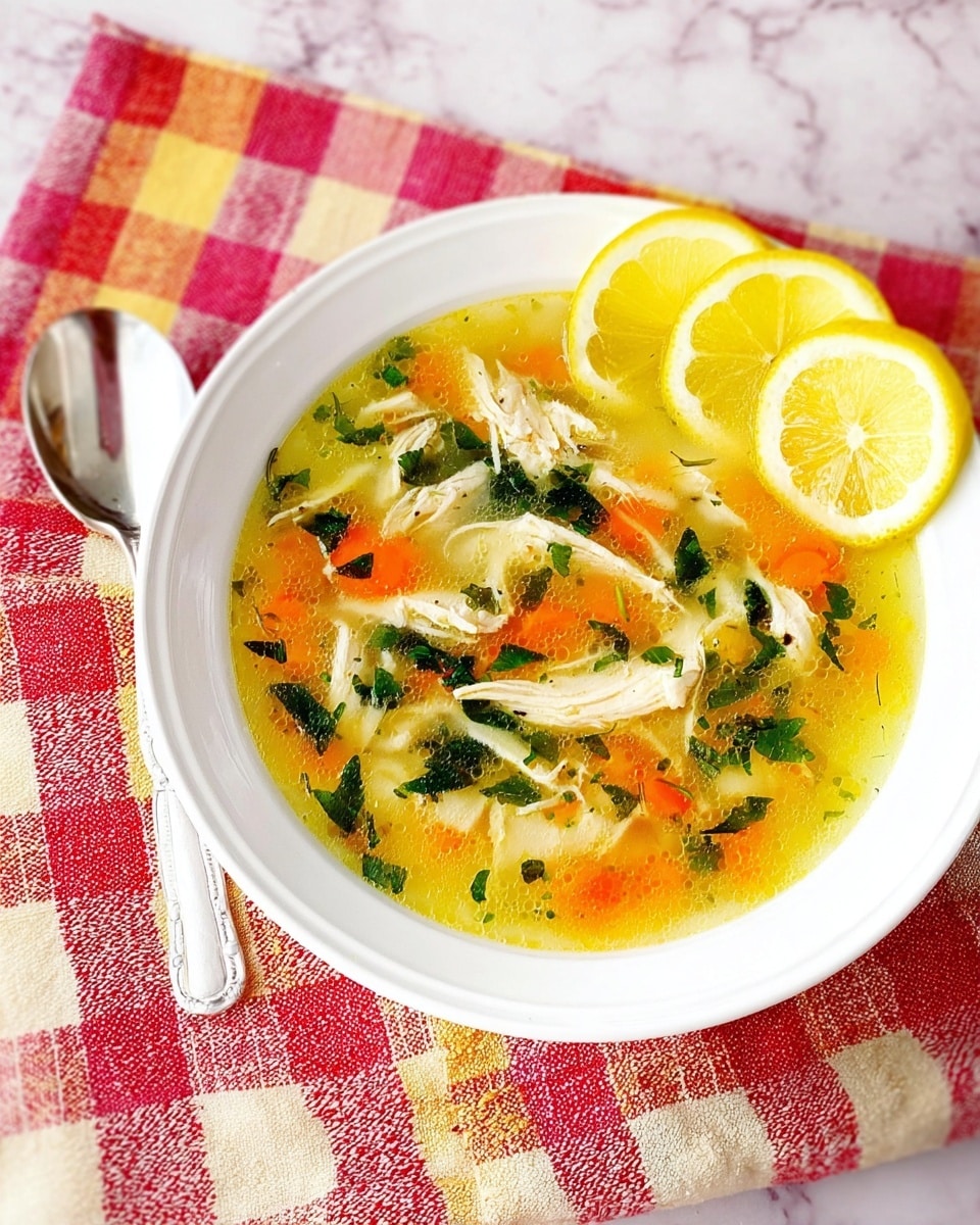 A white bowl filled with a yellowish chicken soup containing shredded white chicken pieces, small orange carrot chunks, and green leafy herbs scattered throughout. Two thin, round lemon slices rest on the side of the soup near the top edge of the bowl. The bowl sits on a red and yellow checkered cloth with some white space, next to a silver spoon. The surface beneath has a white marbled texture. photo taken with an iphone --ar 4:5 --v 7