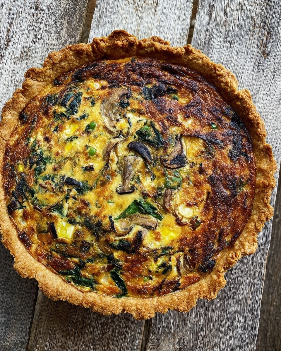 A slice of quiche is placed on a white plate with a textured rim, resting on a white marbled surface. The quiche has three clear layers: the bottom layer is a thick, golden-brown crust with a slightly crumbly texture; the middle layer is a creamy, light yellow filling mixed with green leafy vegetables and small pieces of mushrooms; and the top layer is browned and slightly crispy with visible herbs and some browned bits. A small sprig of fresh green herb is placed on top of the crust for decoration. A metal fork holds a small bite of the quiche, showing the creamy filling with green vegetable pieces inside. Photo taken with an iphone --ar 4:5 --v 7