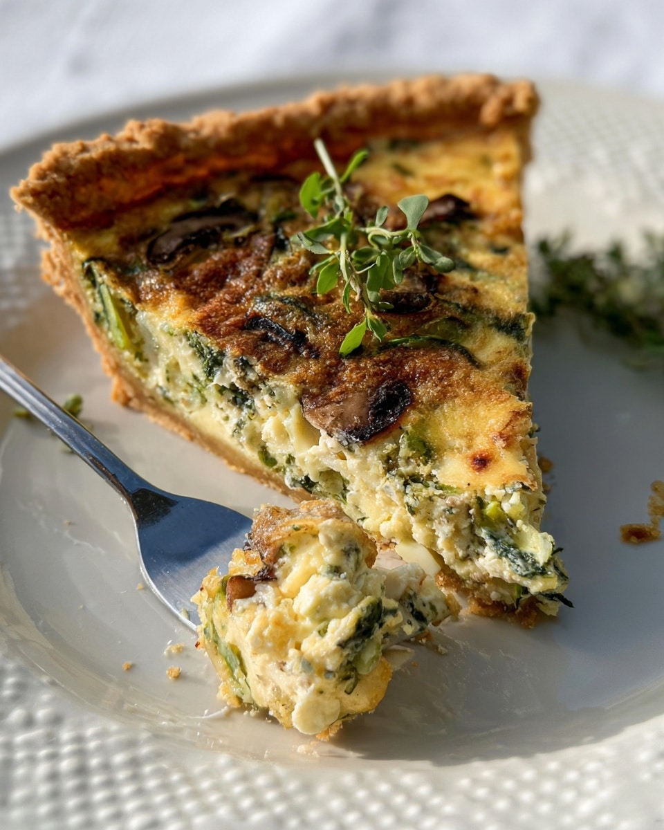 A close-up of a quiche with a golden, flaky crust that has a crimped edge. The filling is a mix of light yellow custard with green herbs, dark green vegetable pieces, and subtle brown caramelized spots from baking. There is a fresh green leafy herb sprig placed on top for garnish. The quiche is on a white marbled surface. photo taken with an iphone --ar 4:5 --v 7