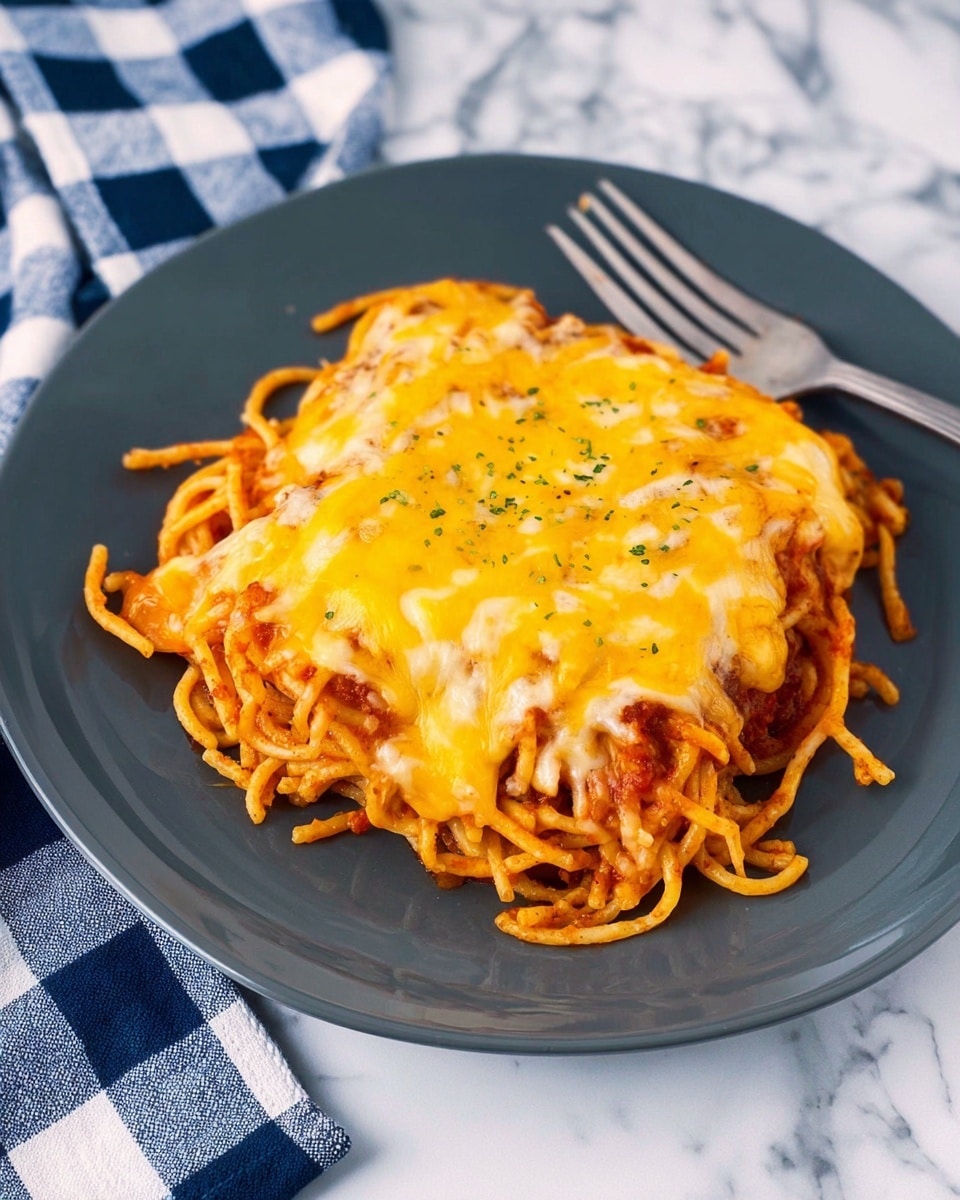 In a white round dish with handles, there is a baked spaghetti dish with visible layers. The bottom layer shows tangled spaghetti in a rich orange tomato sauce. On top of this, there is a bright yellow melted cheese layer that spreads unevenly, allowing some spaghetti to peek through. Scattered on the cheese layer are round brown meatballs, slightly browned from baking. Small green parsley leaves are sprinkled evenly over the whole dish as garnish. The dish sits on a wooden board with a white marbled textured surface around. Photo taken with an iphone --ar 4:5 --v 7