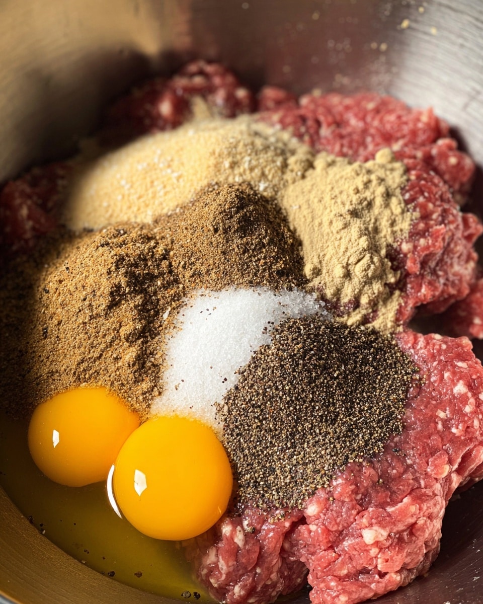 A close-up view of a large silver mixing bowl filled with several layers of ingredients: the bottom layer is raw ground meat with a reddish-pink color and soft texture, partially covered by two raw eggs with bright yellow yolks near the edge of the bowl; on top, there are multiple piles of dry spices and seasonings in shades of brown, beige, and black, including coarse salt with large white grains and black pepper with a rough texture, arranged in separate small mounds on the meat; the background shows the inside of the silver bowl and the ingredients are well lit, showing detailed textures and colors. photo taken with an iphone --ar 4:5 --v 7