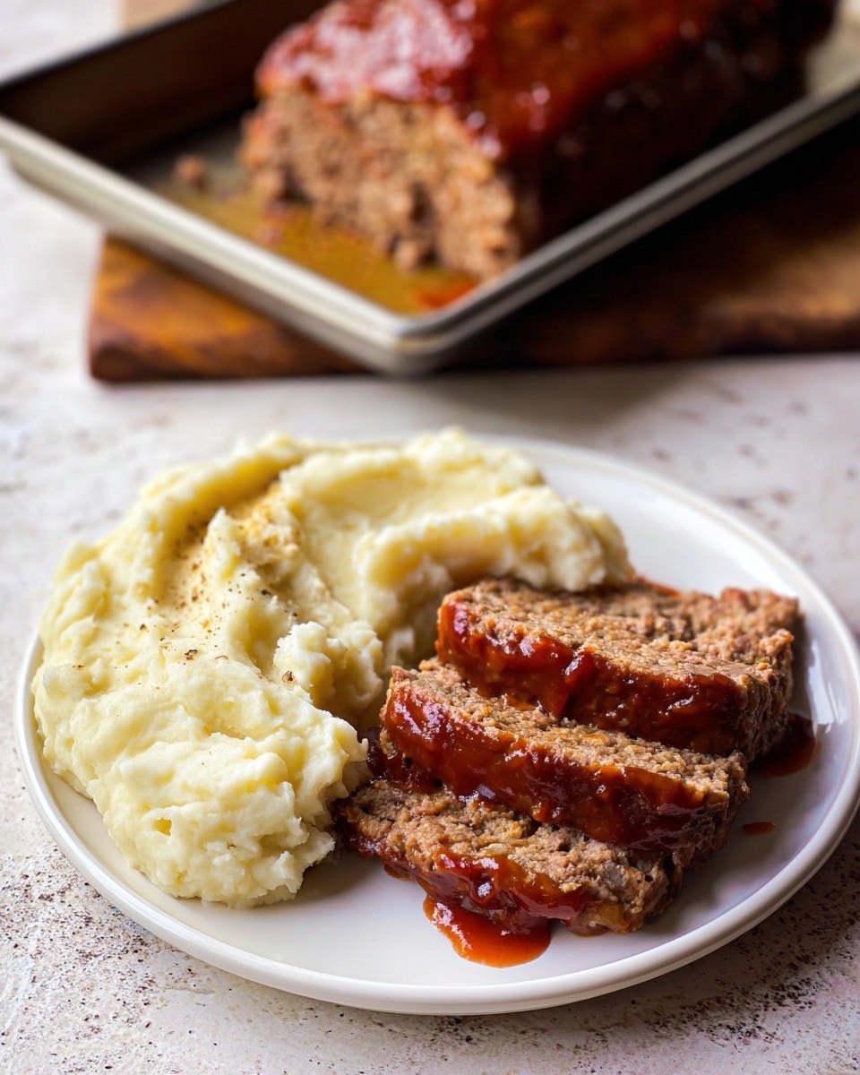 A white plate holds two thick slices of meatloaf that are brown with a slightly rough, crumbly texture, topped with a shiny, reddish-brown glaze. Behind the meatloaf is a smooth, creamy mound of white mashed potatoes. The plate is set on a wooden surface, and behind it is a metal baking tray with more meatloaf that has browned edges and some caramelized dark spots. Steam rises gently from the food, showing it is hot. The background is a white marbled texture. photo taken with an iphone --ar 4:5 --v 7