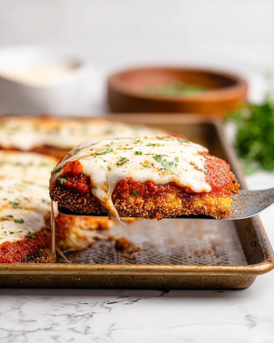 Three pieces of breaded chicken are placed side by side in a white rectangular baking dish, each piece topped with a layer of red tomato sauce and a thick layer of melted white cheese evenly covering the top, sprinkled with small bits of green parsley. The dish sits on a white marbled surface with blurred background elements including a white plate holding another piece of the dish and a wooden bowl filled with fresh green salad. The scene is bright and clean with a focus on the cheesy chicken in the baking dish photo taken with an iphone --ar 4:5 --v 7