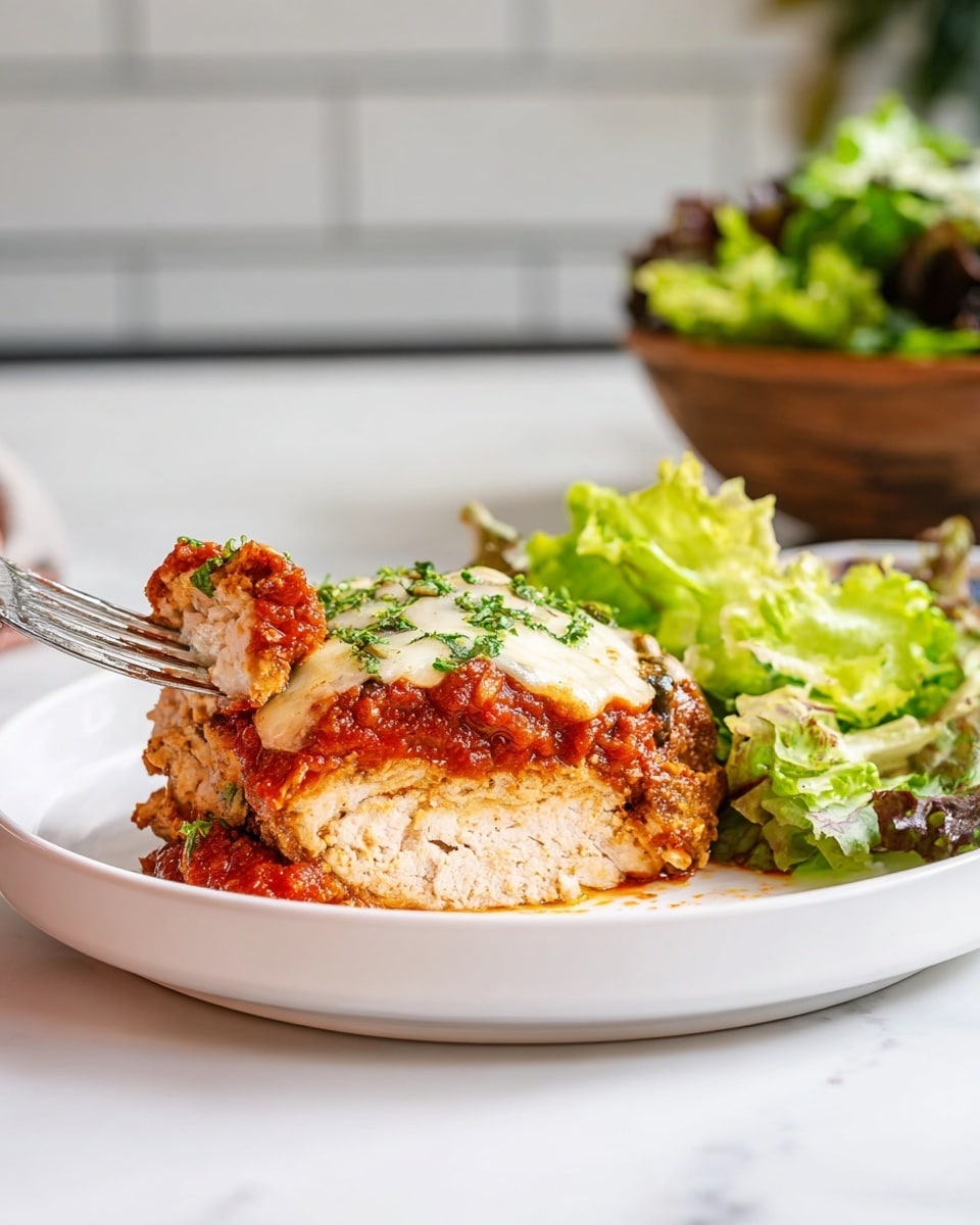 A white plate holds a piece of layered chicken dish with three visible layers: the bottom layer is a thick, juicy chicken piece with a light, slightly fibrous texture; the middle layer is a rich, red tomato sauce with small chunks and a smooth texture; the top layer is a melted, creamy white cheese sprinkled with small green herb bits. Behind the chicken, there is a fresh green lettuce salad with crisp light and dark green leaves. The plate is placed on a white marbled surface with blurred white tile background, and a woman's hand holds a fork lifting a portion of the chicken showing the layers inside. Photo taken with an iphone --ar 4:5 --v 7